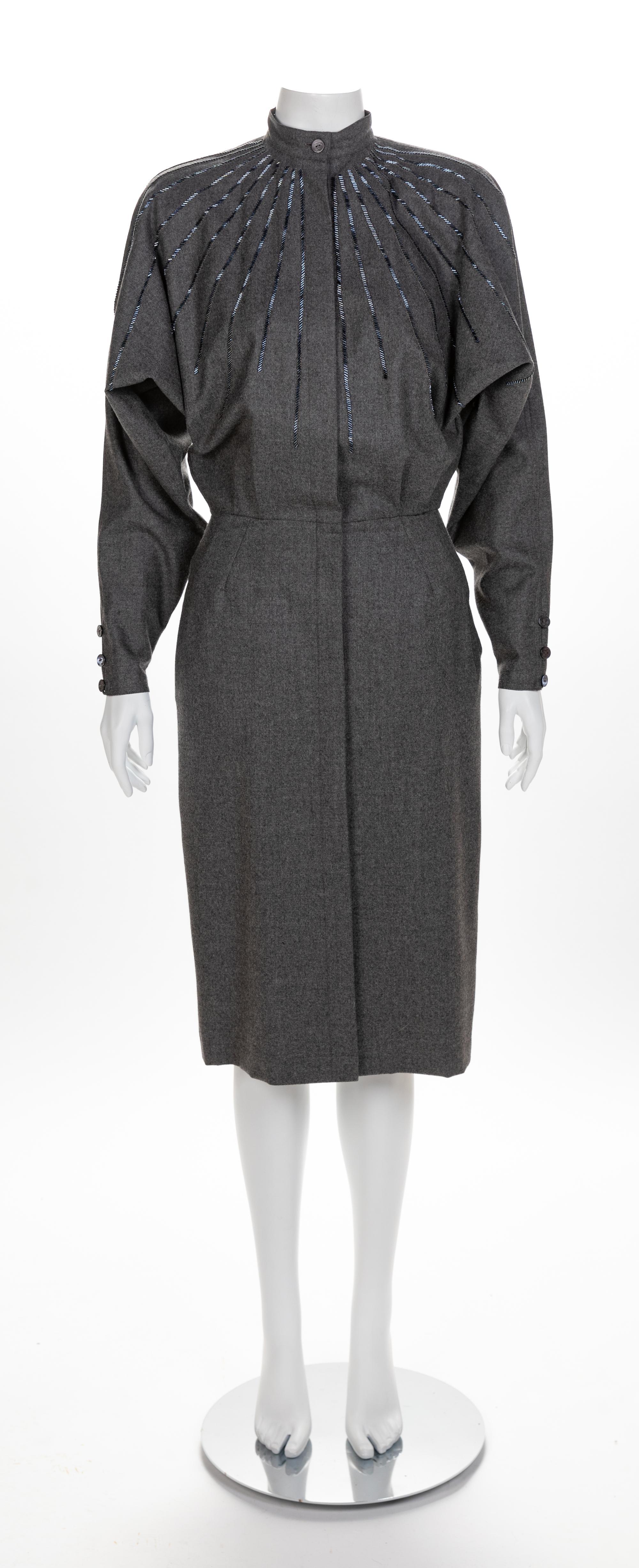 Gucci Grey Wool Dress with Detachable Collar, 1980s No size label