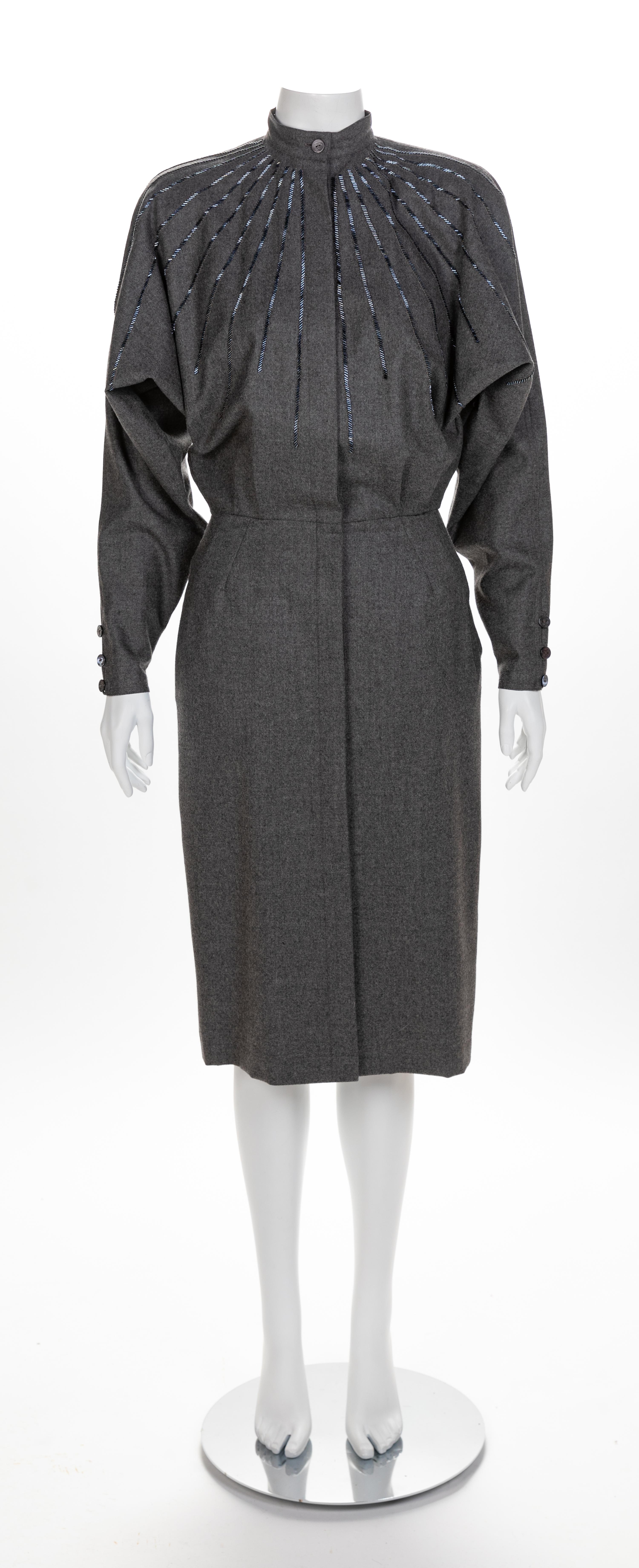 Gucci Grey Wool Dress with Detachable Collar, 1980s No size label