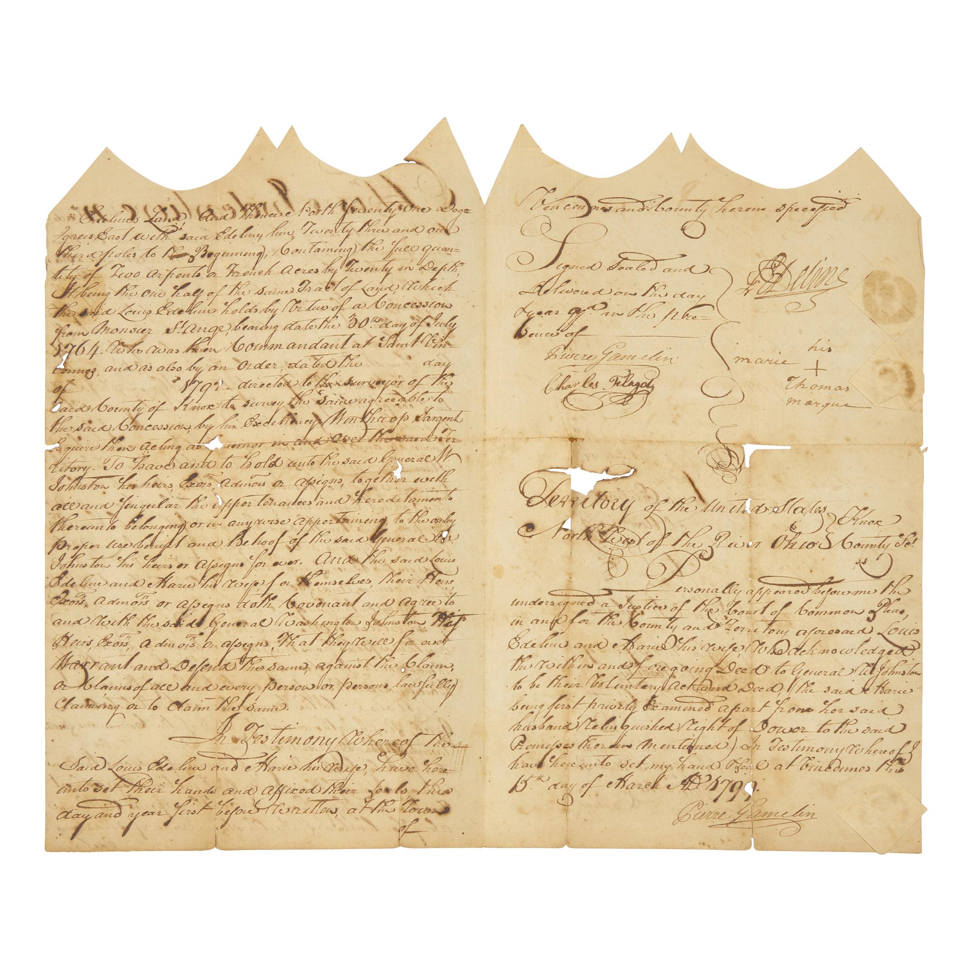 [American Frontier] An Early Northwest Territory Land Indenture Issued to General Washington Johnston