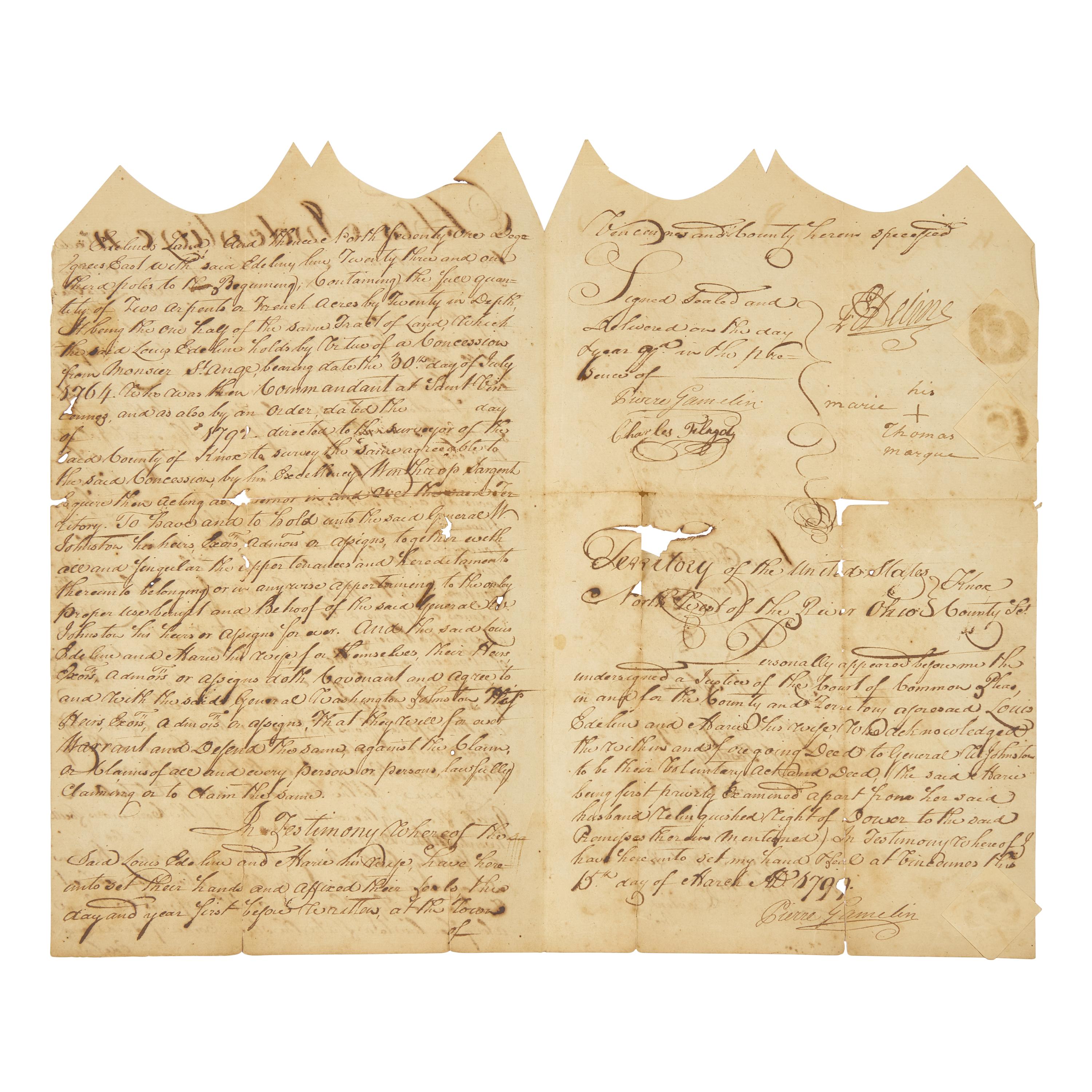 [American Frontier] An Early Northwest Territory Land Indenture Issued to General Washington Johnston