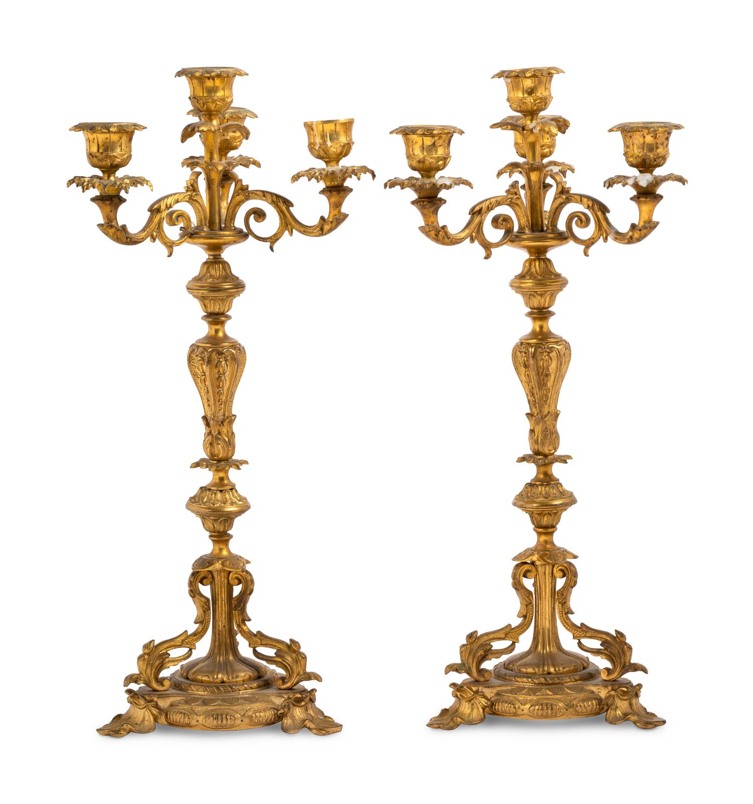 A Pair of Continental Gilt Metal Four-Light Candelabra