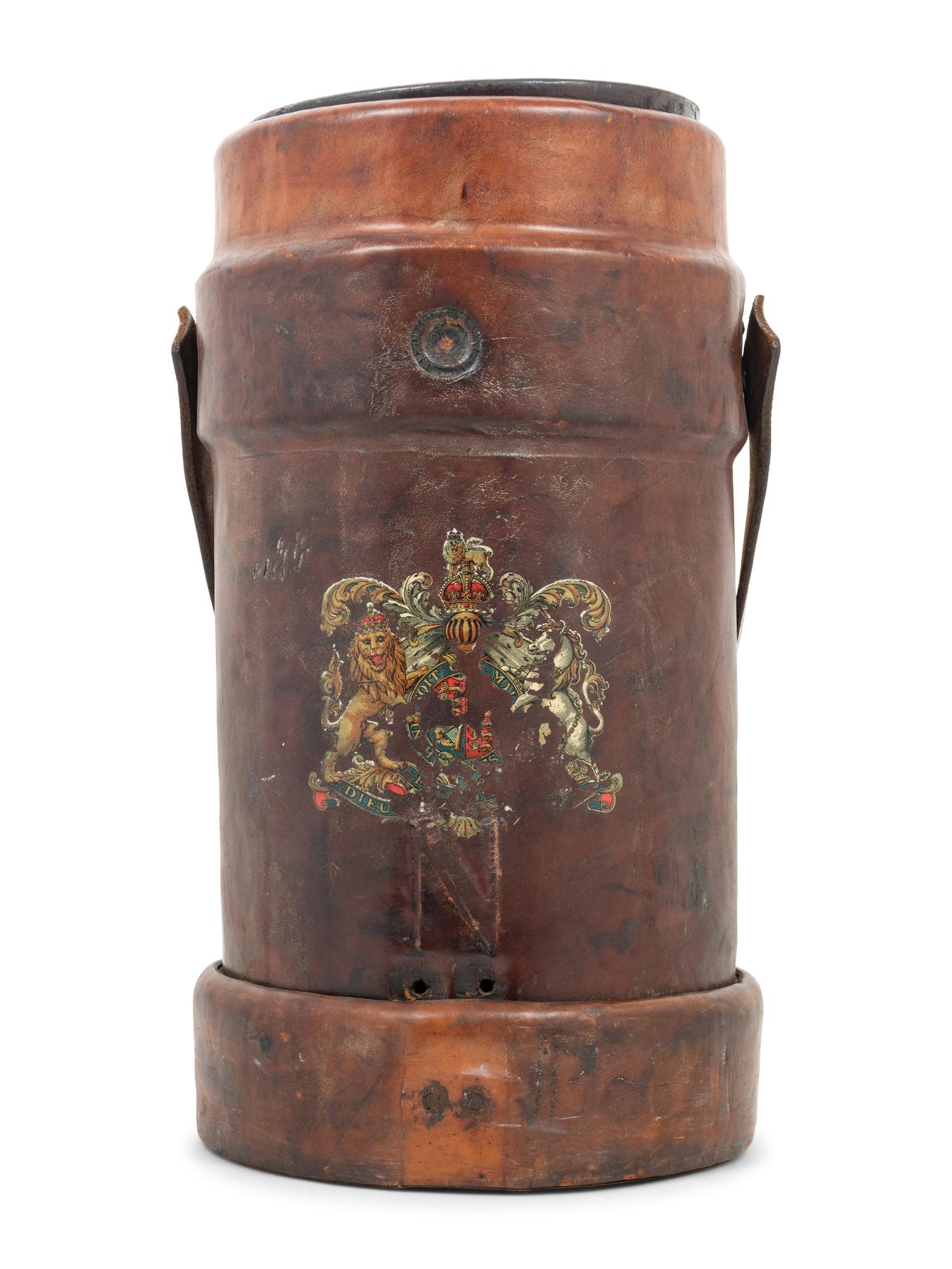 A WWI British Royal Navy Leather Artillery Bucket with an Associated American Indurated Fiber Liner