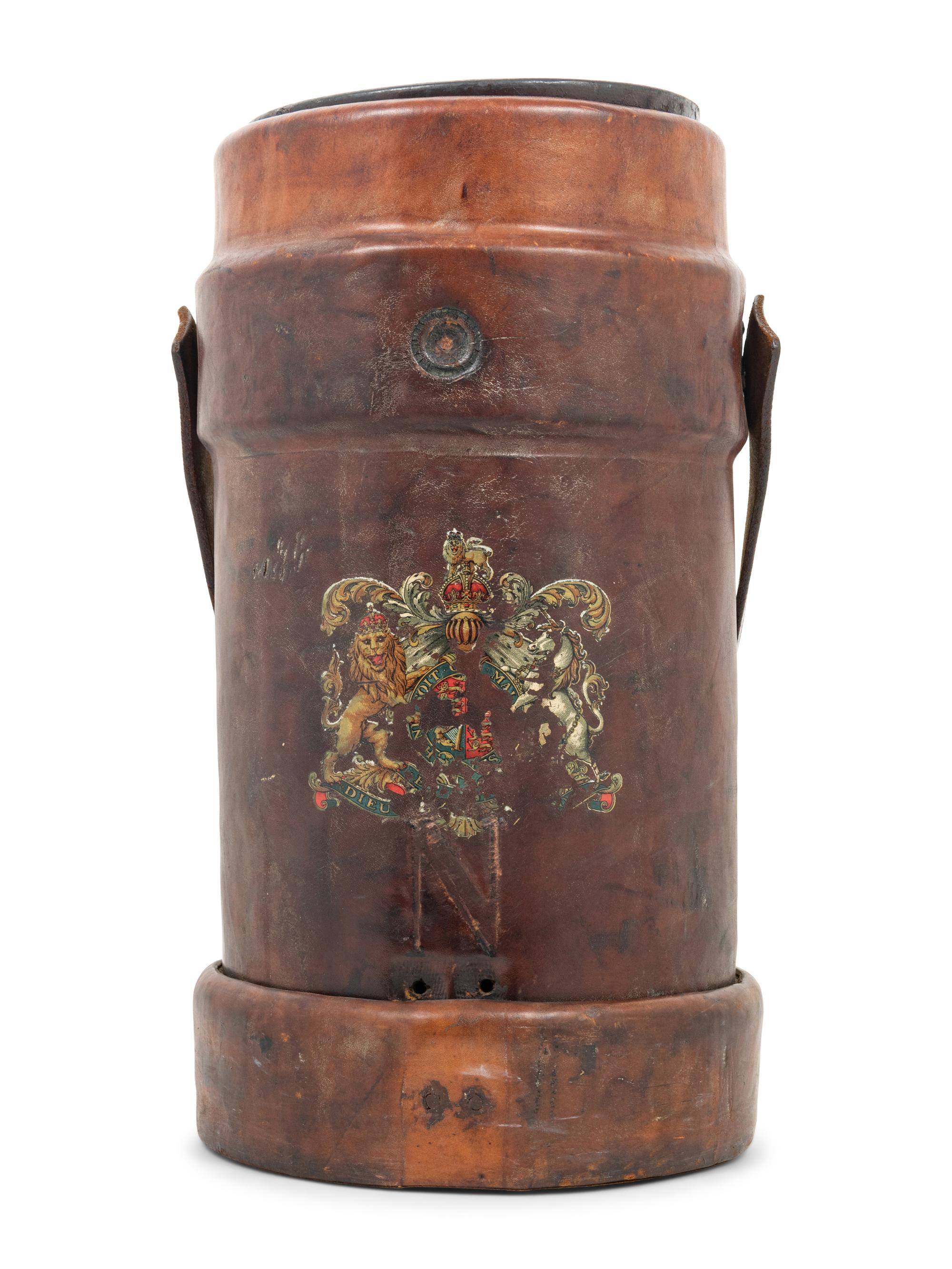 A WWI British Royal Navy Leather Artillery Bucket with an Associated American Indurated Fiber Liner
