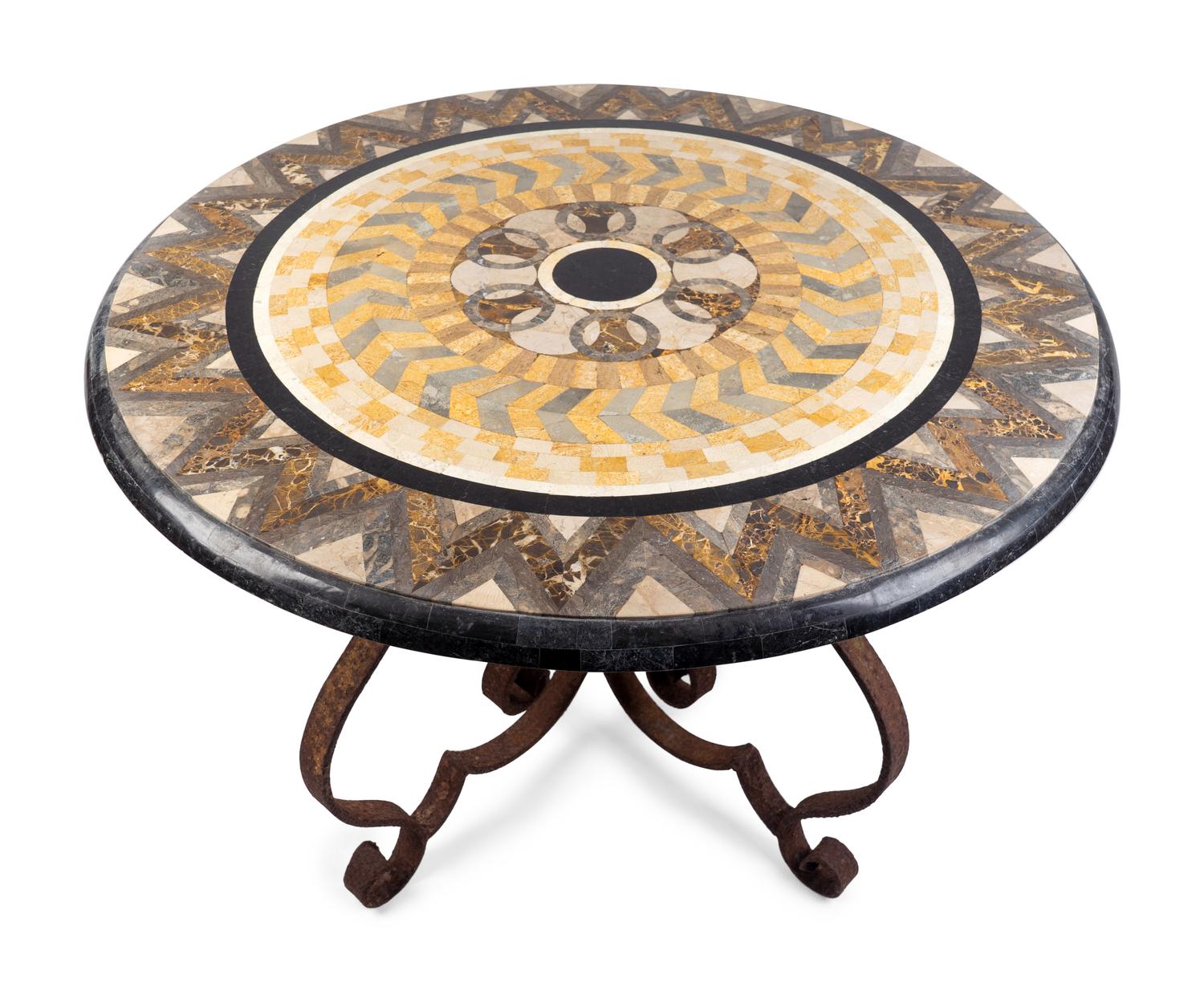 An Italian Scagliola and Specimen Marble-Veneered Table Top on a Wrought-Iron Base