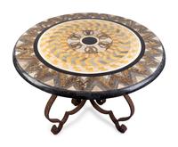 An Italian Scagliola and Specimen Marble-Veneered Table Top on a Wrought-Iron Base