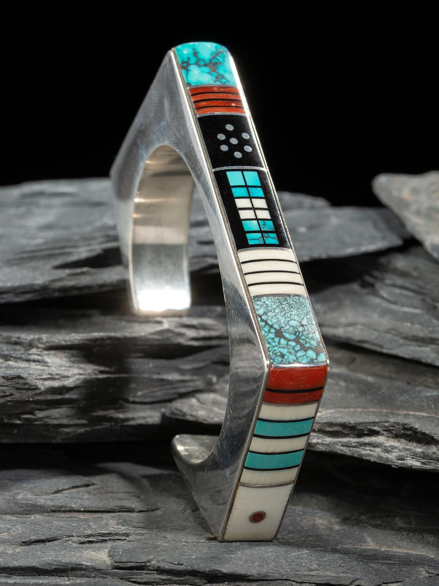 Angular Sterling Silver Cuff Bracelet, with Mosaic Inlay