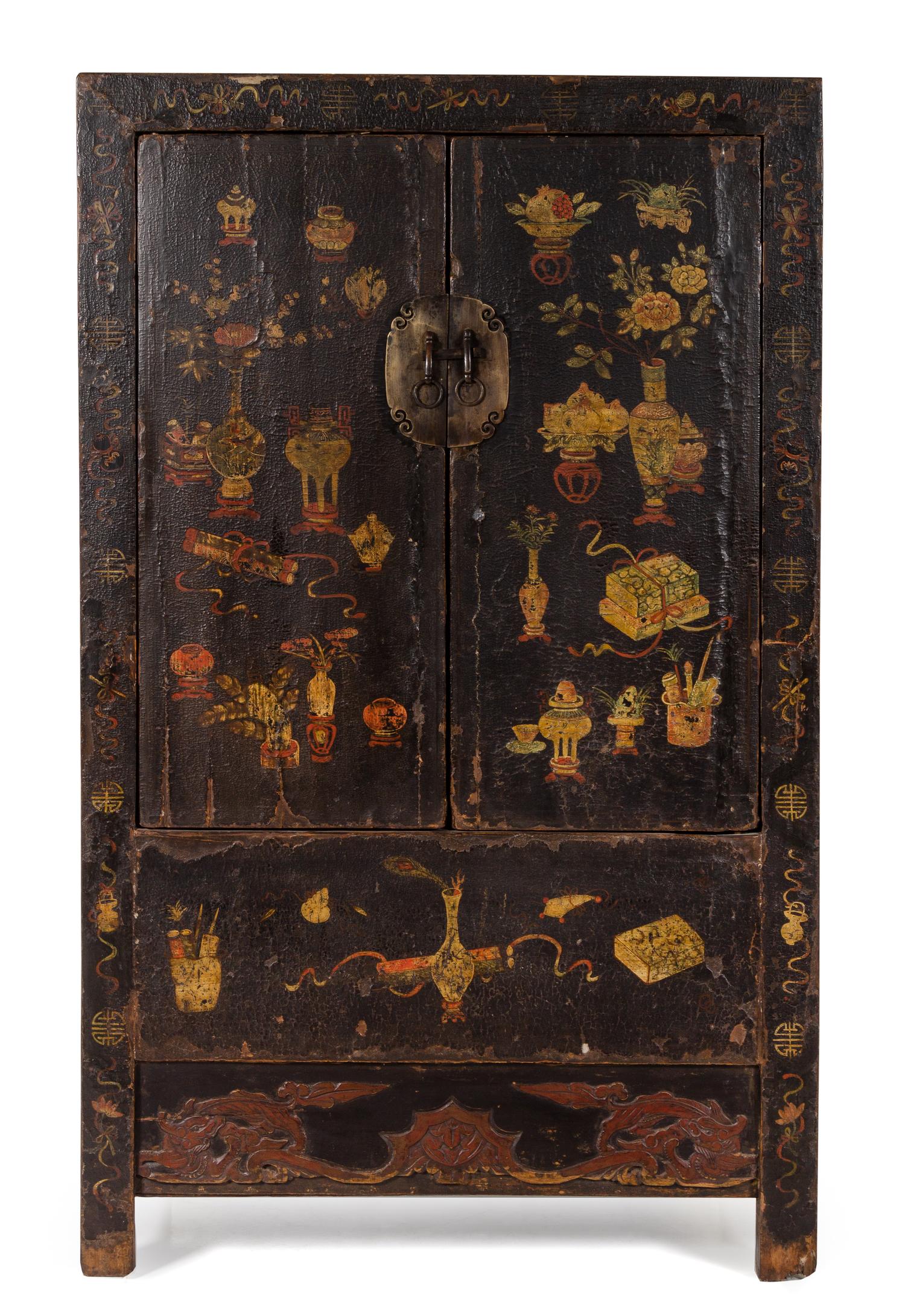A Chinese Black Lacquered Softwood Cabinet Height 75 1/2 x width 46 1/8 x depth 20 1/8 inches. — 18TH/19TH CENTURY