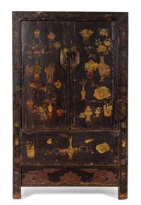 A Chinese Black Lacquered Softwood Cabinet Height 75 1/2 x width 46 1/8 x depth 20 1/8 inches. — 18TH/19TH CENTURY