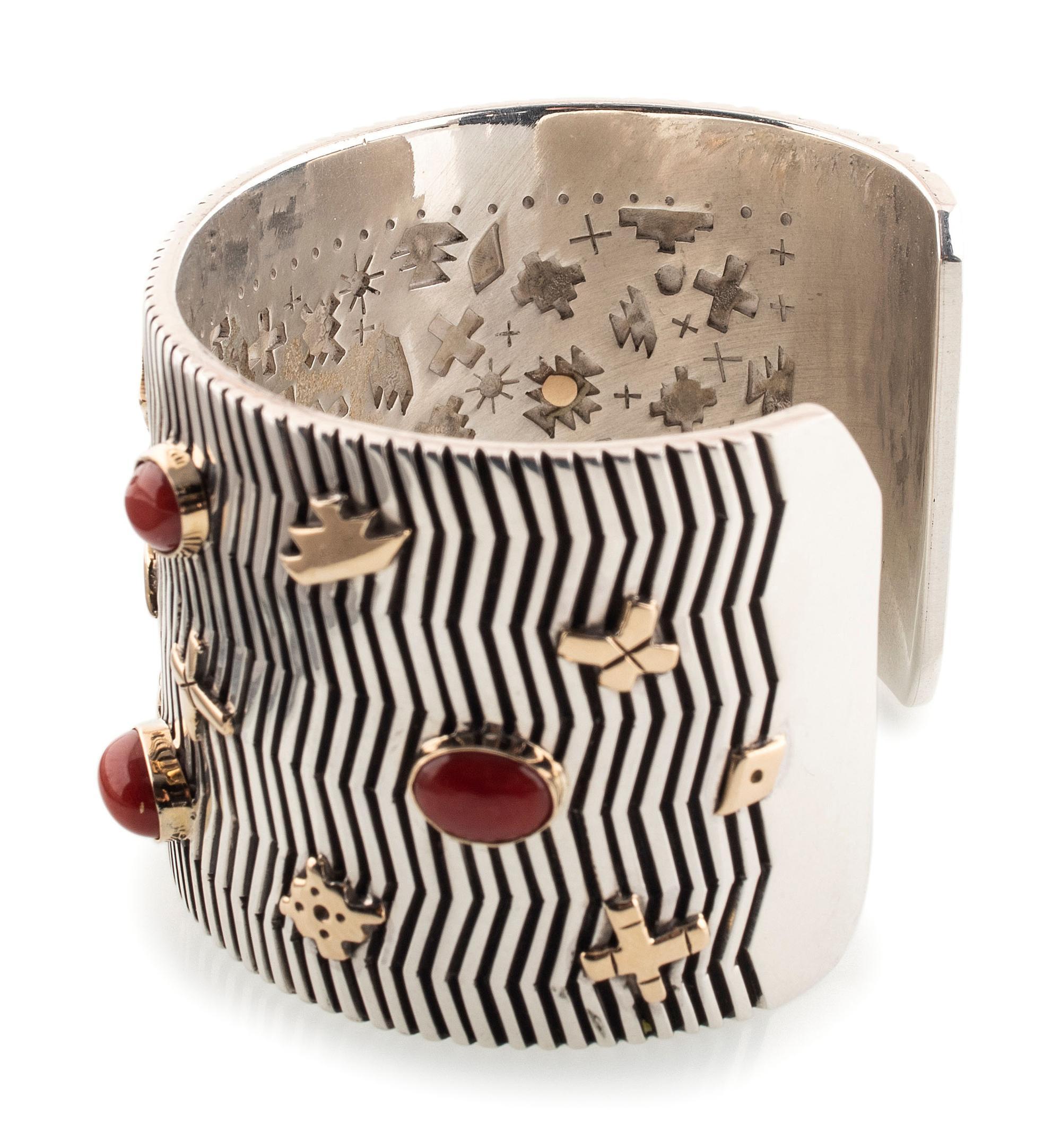 Sterling Silver Cuff Bracelet, Set with Coral Cabochons and Accented with 14K Gold