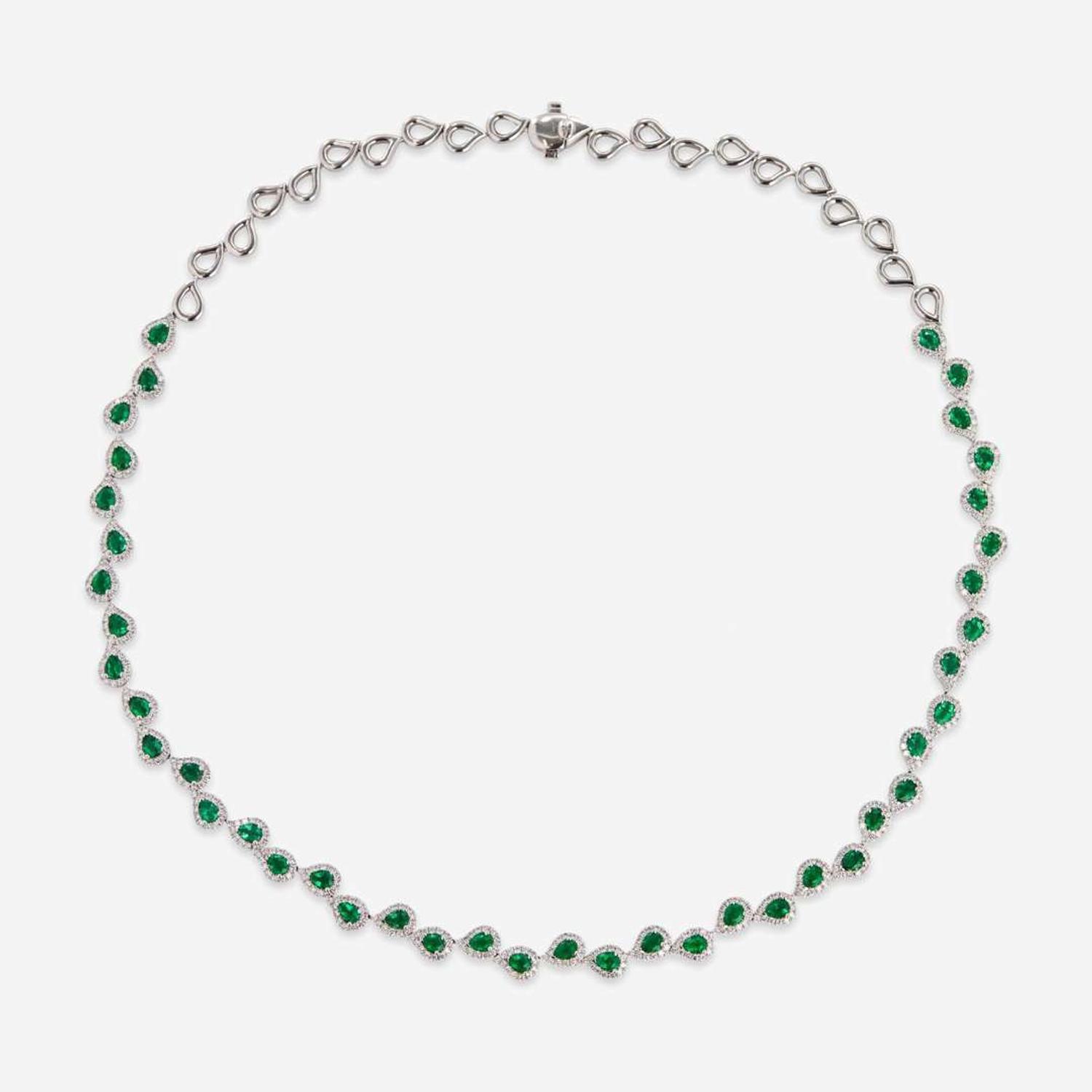 A 14K White Gold, Emerald, and Diamond Necklace