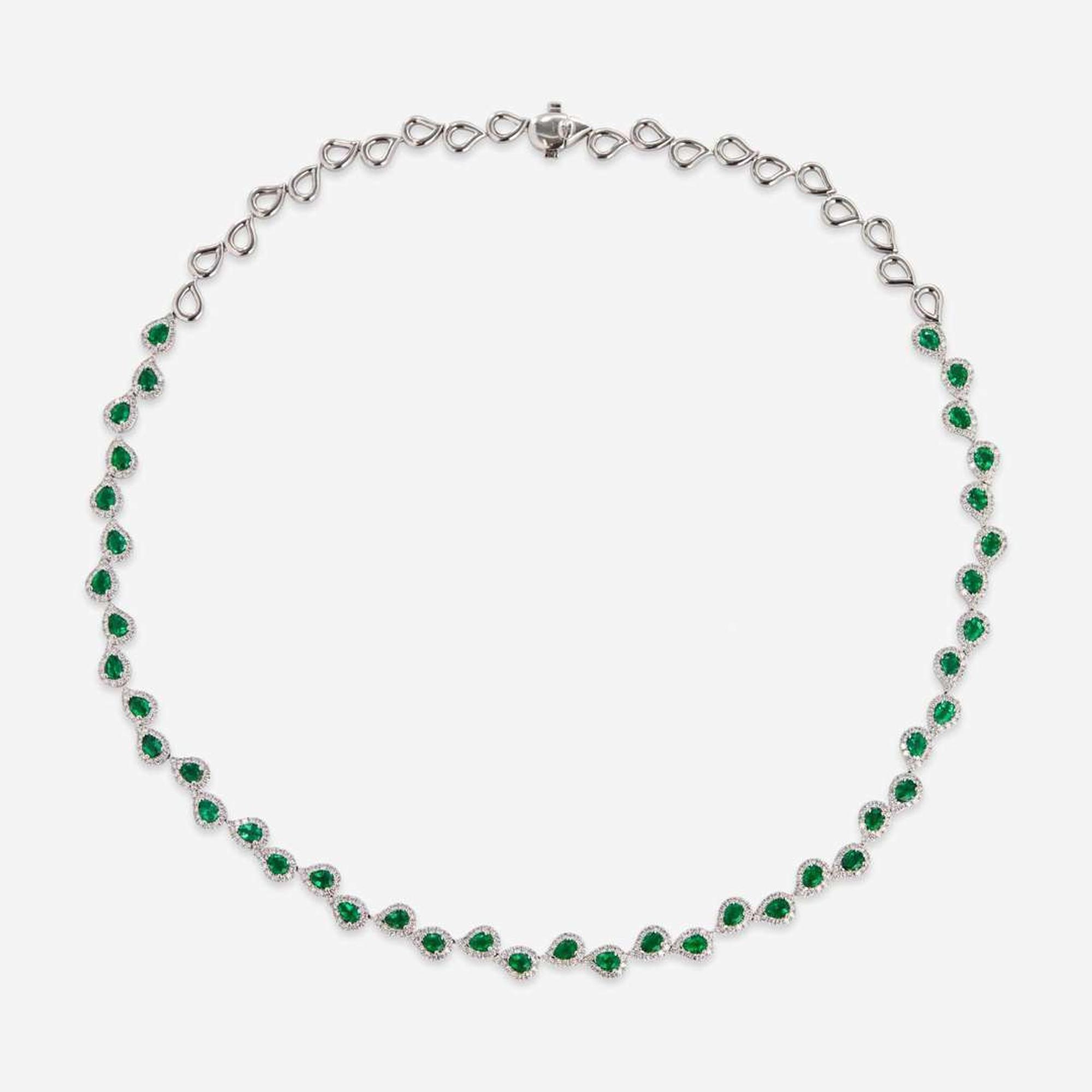 A 14K White Gold, Emerald, and Diamond Necklace