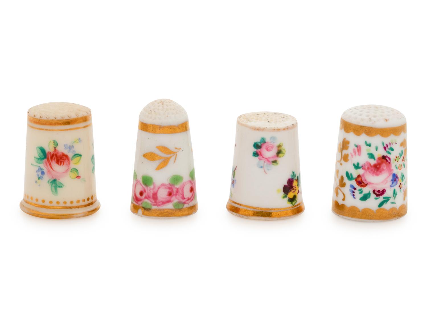 Four English Painted and Parcel Gilt Porcelain Thimbles