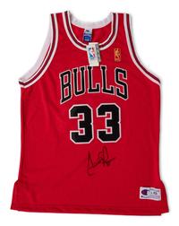 A Scottie Pippen Signed Autograph Chicago Bulls Champion NBA 50 Basketball Jersey (Beckett Authentication Services BAS Certified),