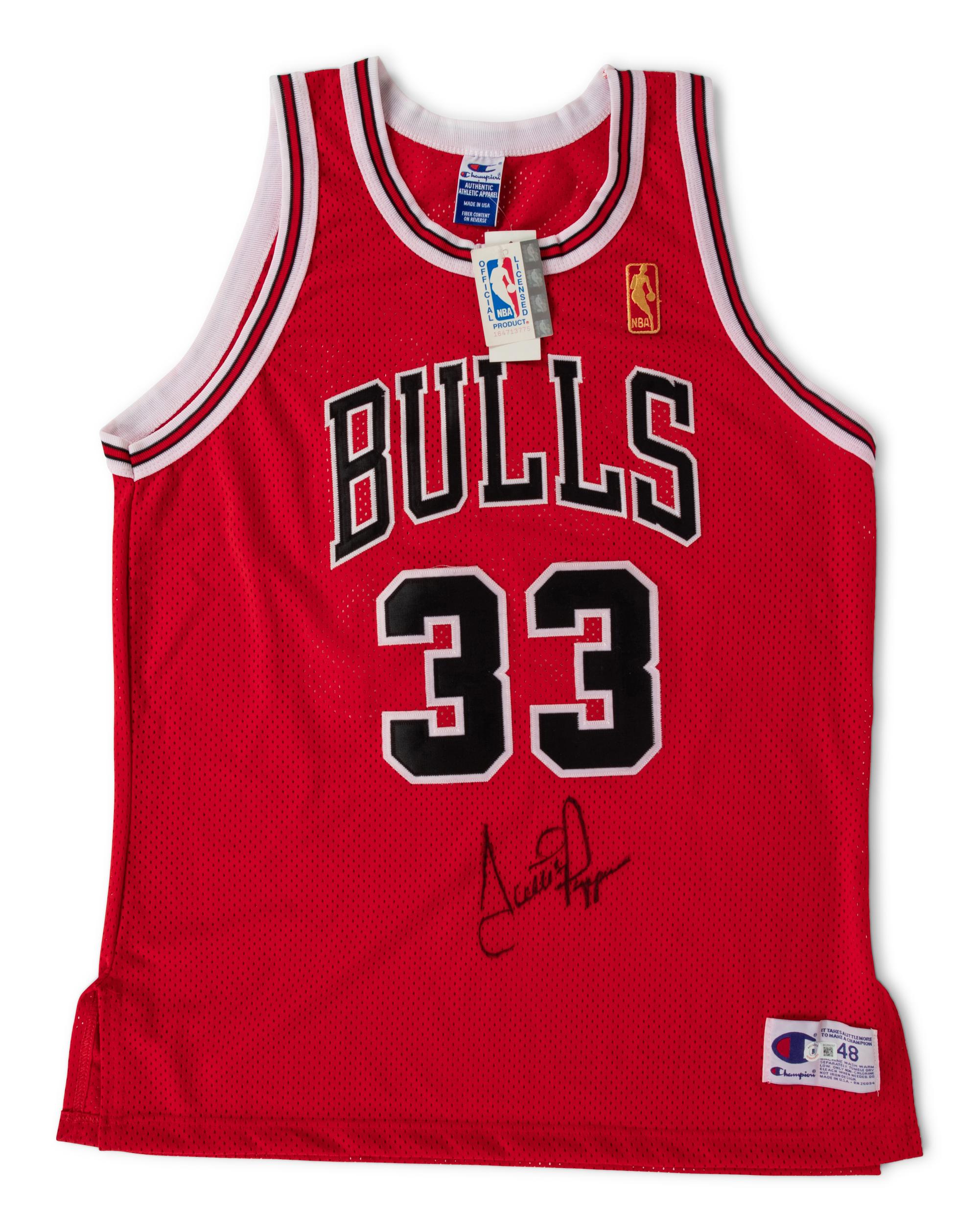 A Scottie Pippen Signed Autograph Chicago Bulls Champion NBA 50 Basketball Jersey (Beckett Authentication Services BAS Certified),