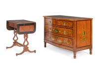 A Late Regency Style Mahogany Sofa Table and Edwardian Satinwood Chest of Drawers