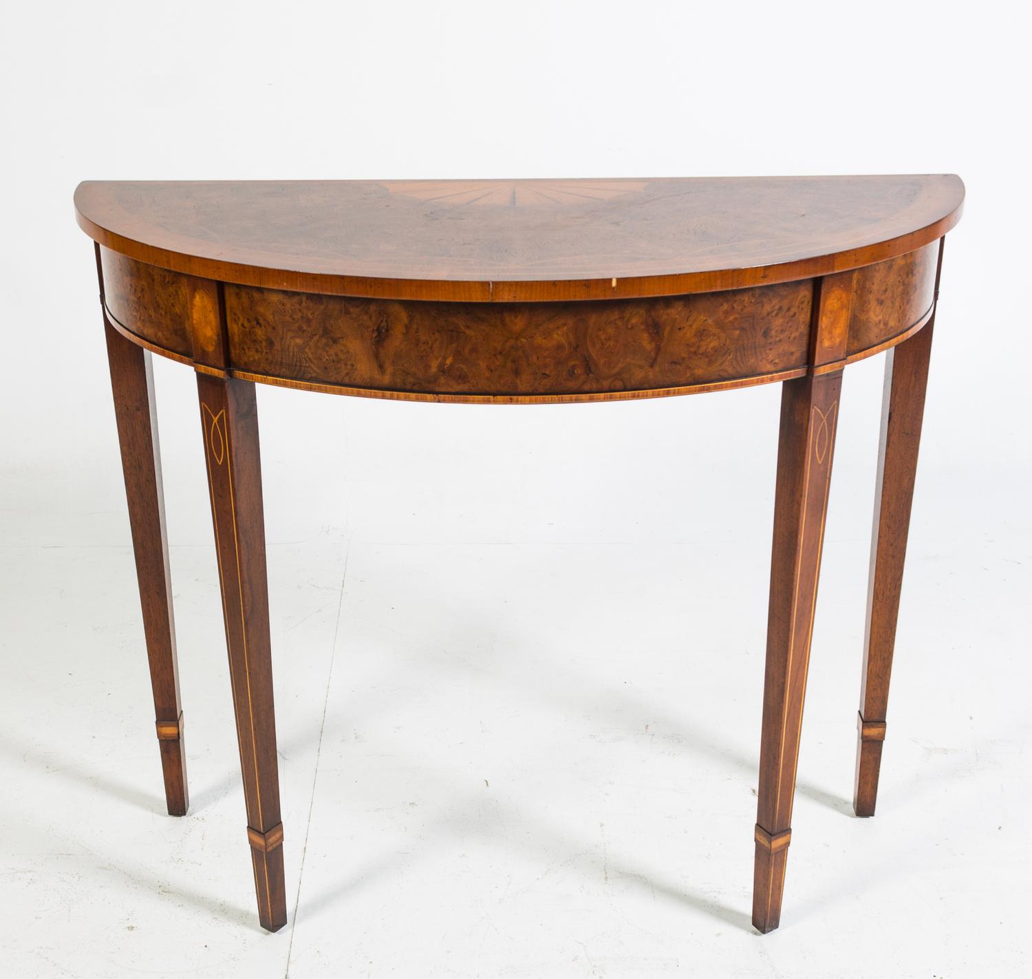An Inlaid Mahogany Console Table, Skully & Skully Height 30 1/2 x width 35 3/4 x depth 14 1/2 inches. — SECOND HALF 20TH CENTURY