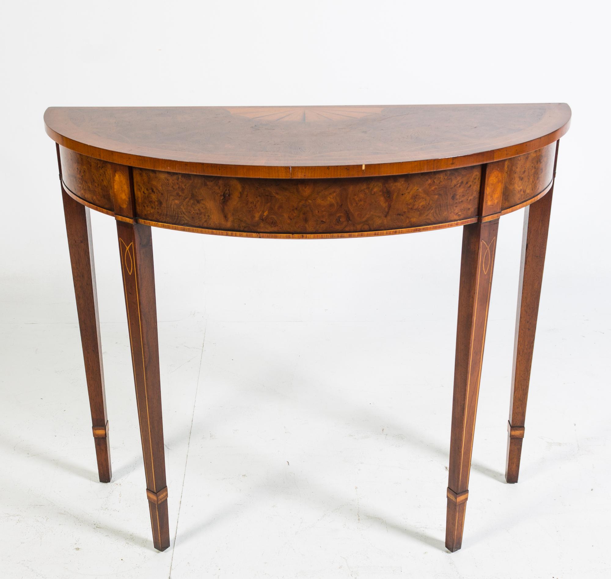 An Inlaid Mahogany Console Table, Skully & Skully Height 30 1/2 x width 35 3/4 x depth 14 1/2 inches. — SECOND HALF 20TH CENTURY