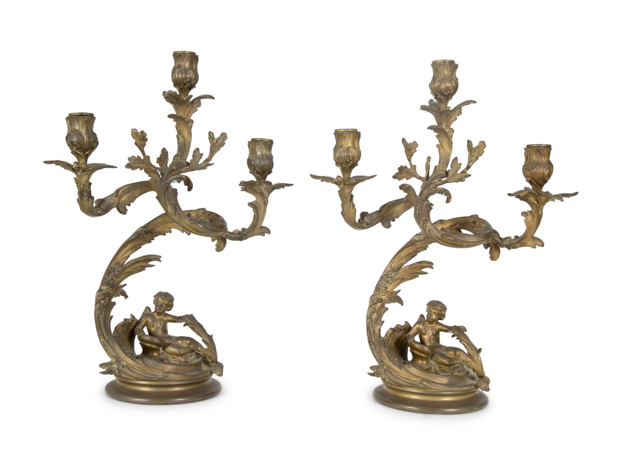 A Rococo Style Gilt Bronze Three-Light Wall Sconce and A Pair of Gilt Bronze Three-Light Candelabra — 19th Century