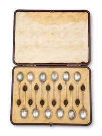 A Cased Set of English Silver Coffee Spoons with Treen Handles — Asprey and Co. Ltd., Birmingham