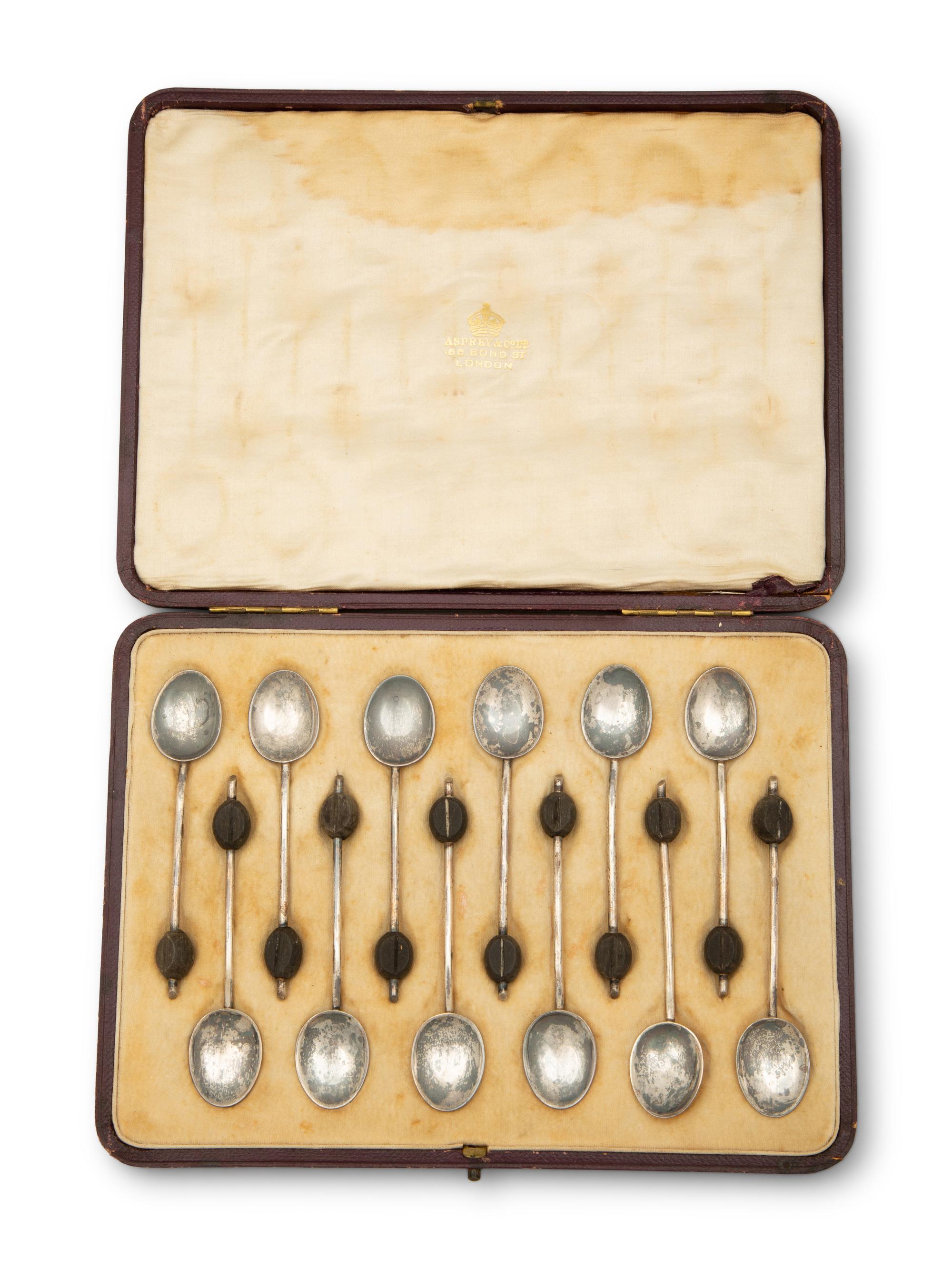 A Cased Set of English Silver Coffee Spoons with Treen Handles — Asprey and Co. Ltd., Birmingham