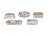 Five English Silver Mounted Cut Glass Dresser Jars