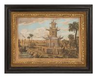 A Set of Five Colored Engravings of Views of China, After Augustin Heckel