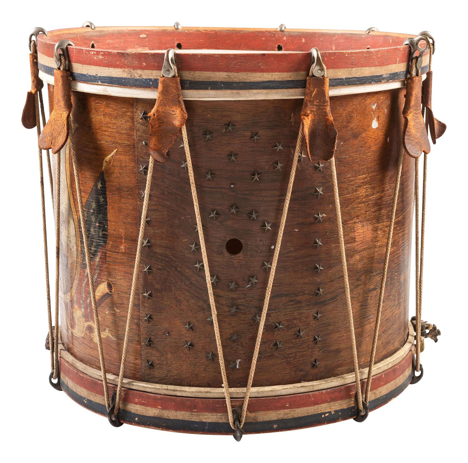 [CIVIL WAR]. Hand-painted snare drum depicting Zouaves in battle. Manufactured by C.H. Eisenbrandt, Baltimore, MD, ca 1860-1865.