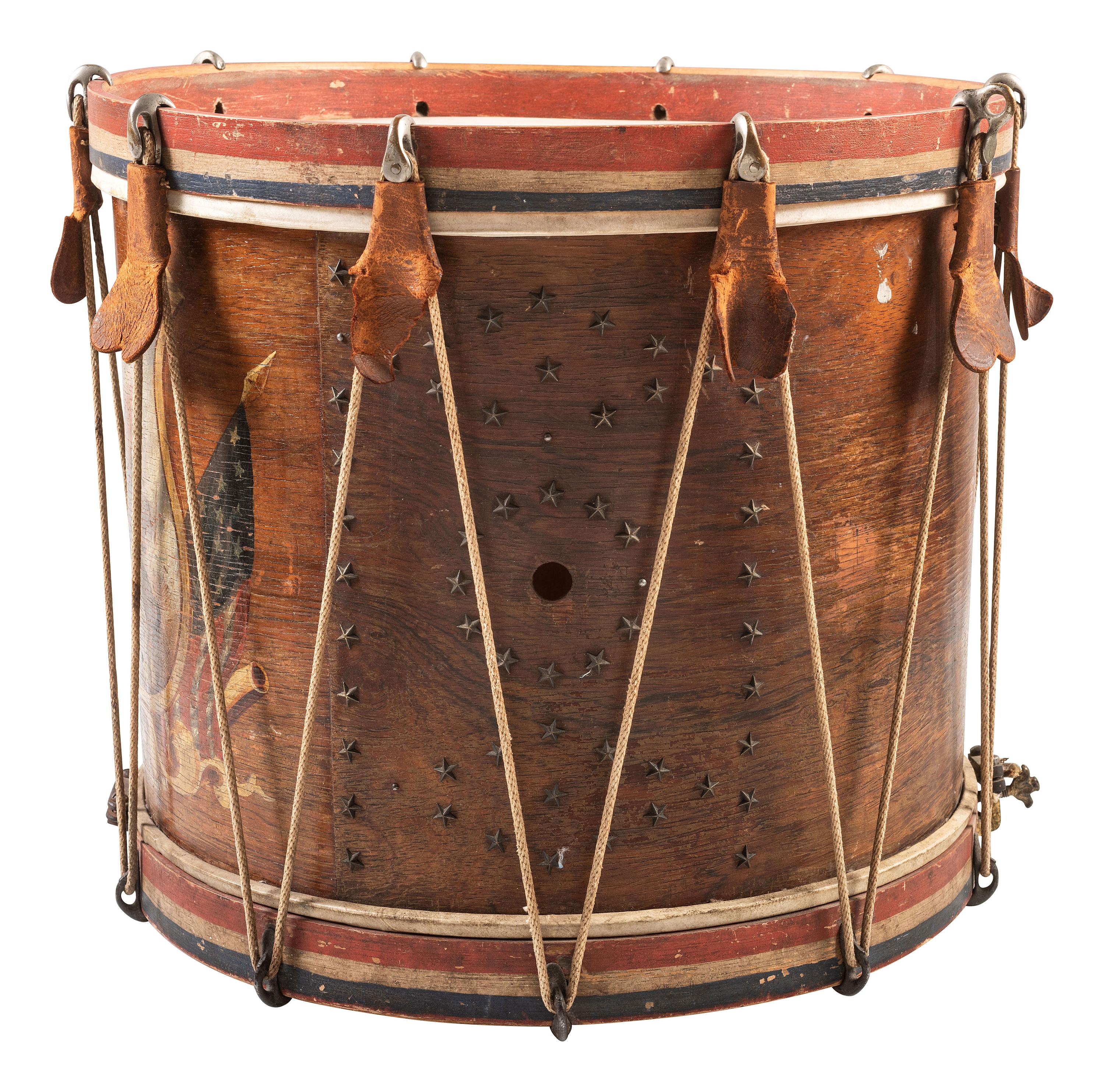[CIVIL WAR]. Hand-painted snare drum depicting Zouaves in battle. Manufactured by C.H. Eisenbrandt, Baltimore, MD, ca 1860-1865.