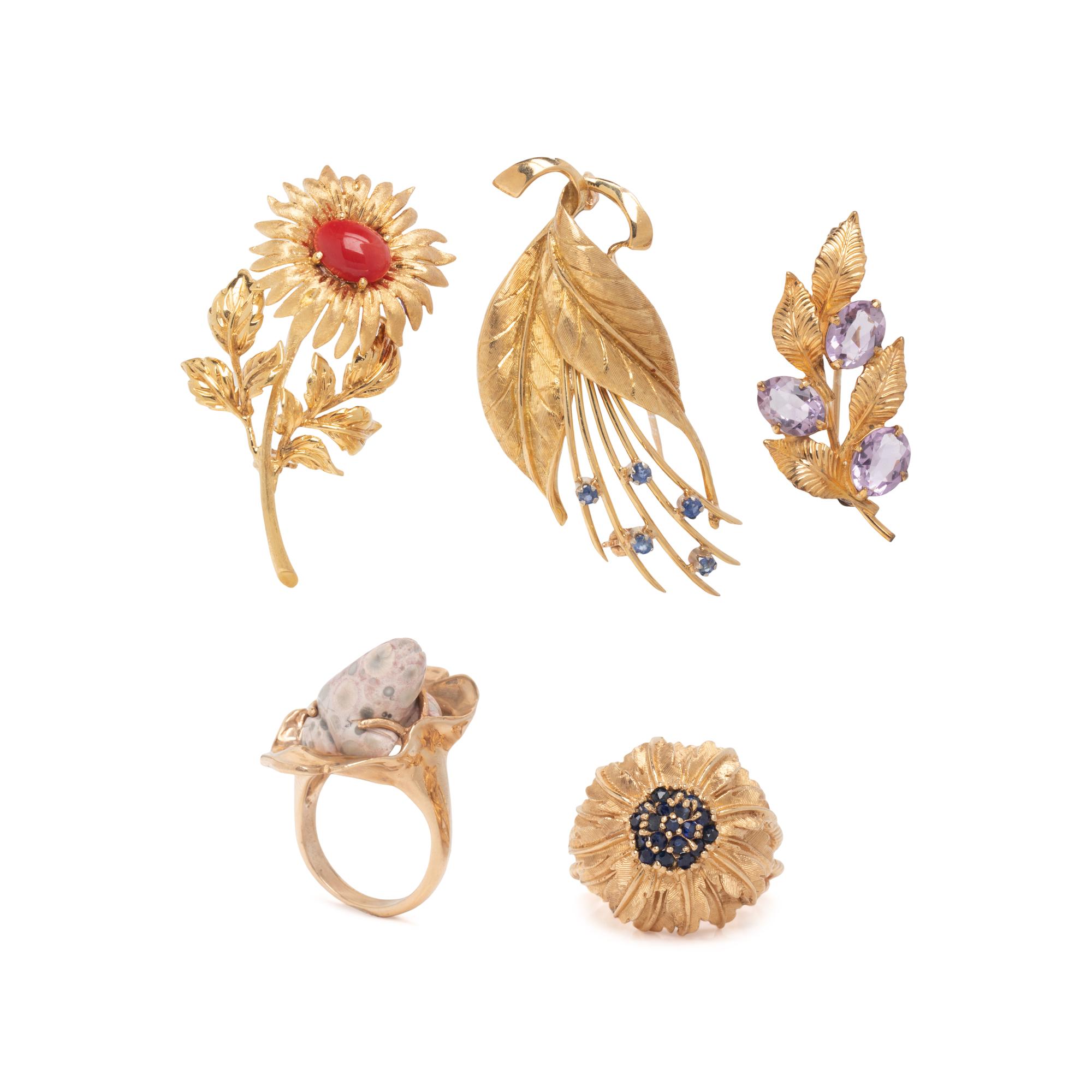 COLLECTION OF YELLOW GOLD AND MULTIGEM GARDEN THEMED JEWELRY