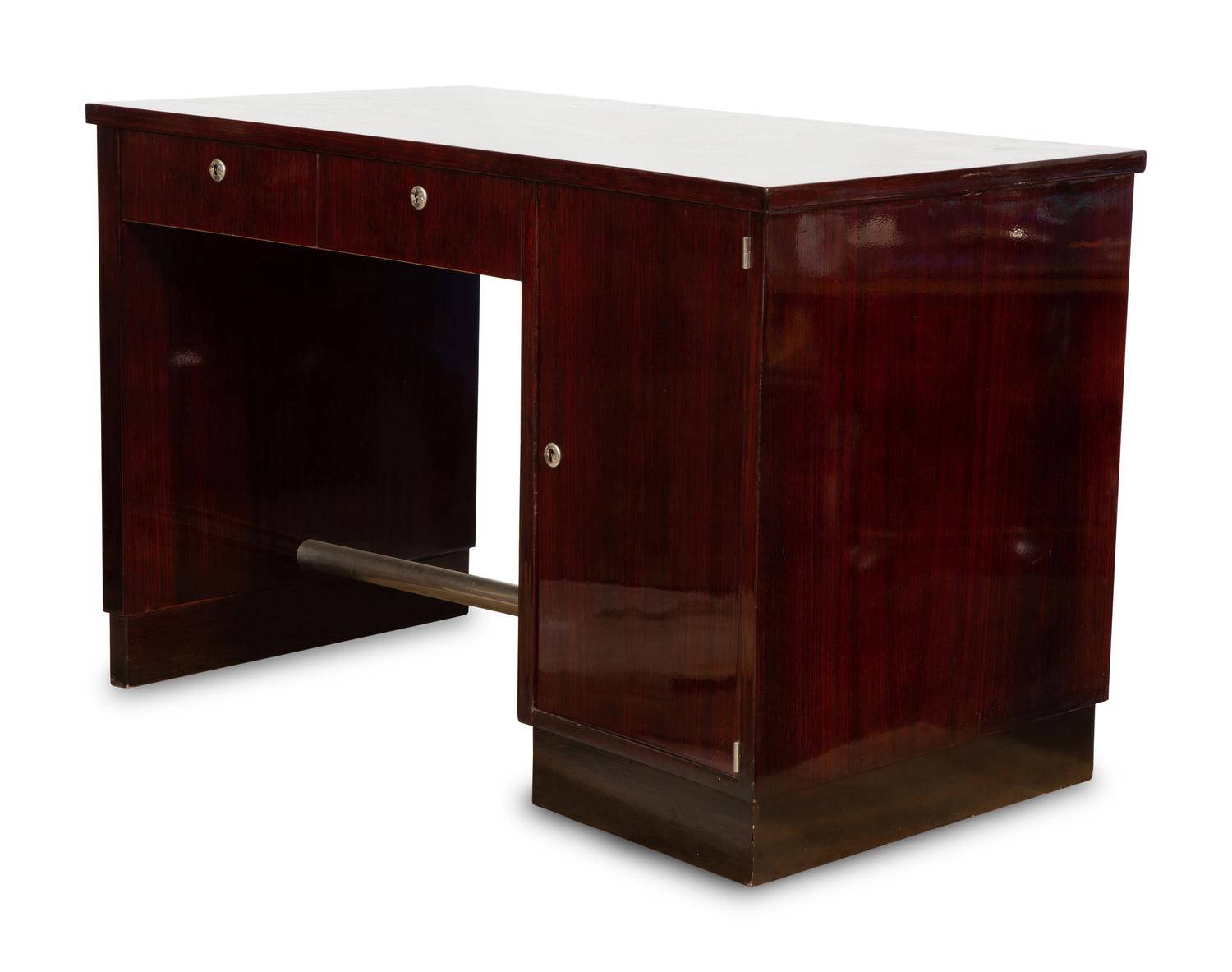 An Art Deco Style Chrome Metal-Mounted Lacquered Wood Desk