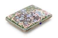 A Russian Enameled Silver Cigarette Case, Maker's mark Cyrillic SZh, Moscow, early 20th century, having a green and purple enameled gro
