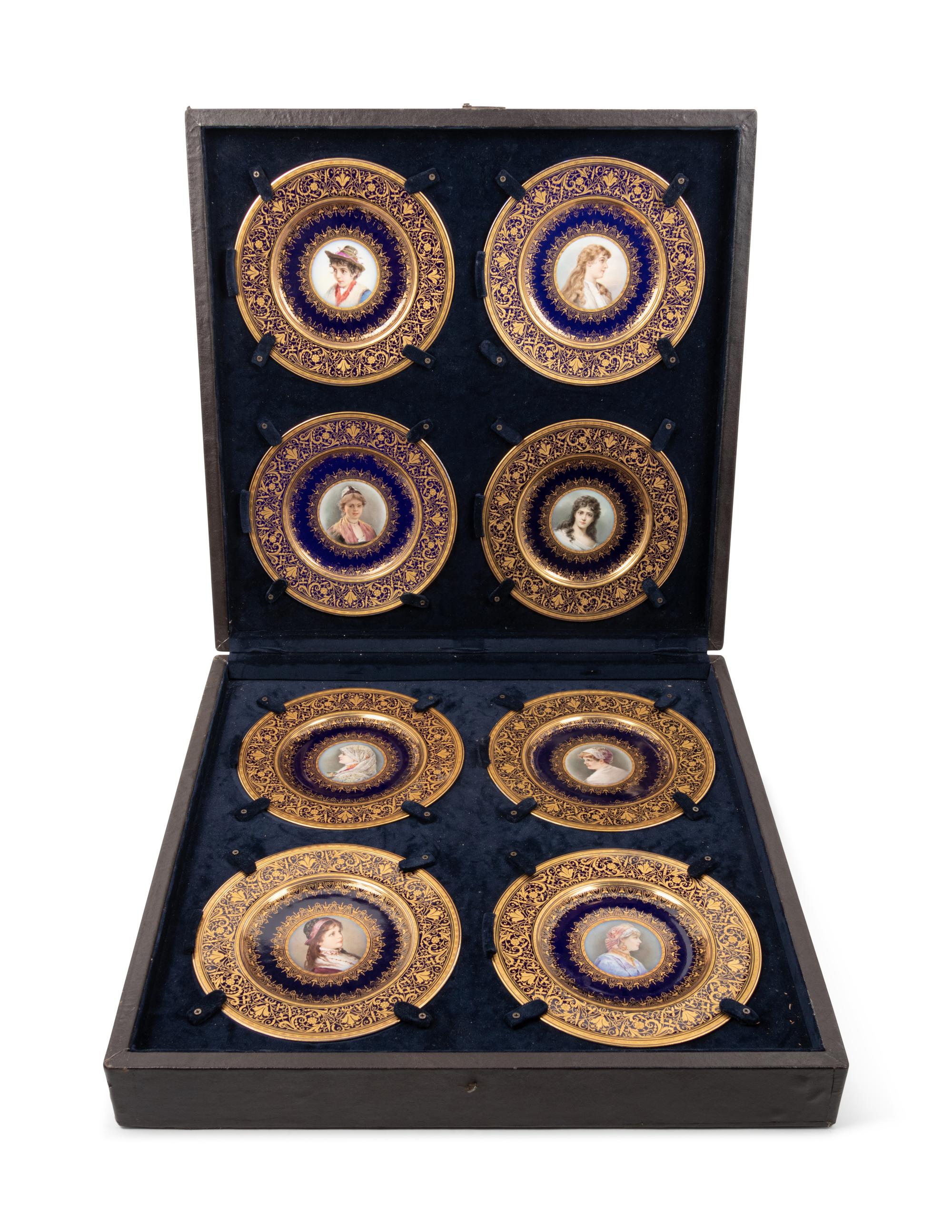 A Cased Set of Eight Vienna Style (Fischer & Mieg) Porcelain Portrait Plates