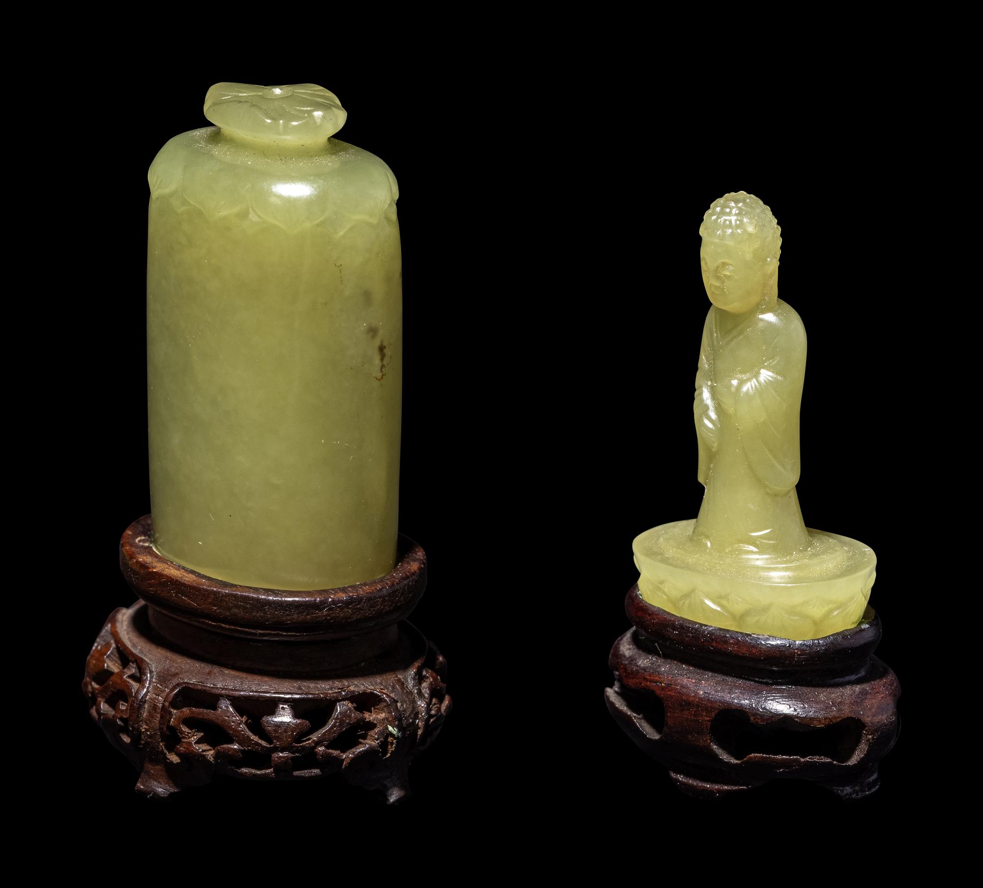 A Small Chinese Yellow Jade Figure of Buddha and Shrine