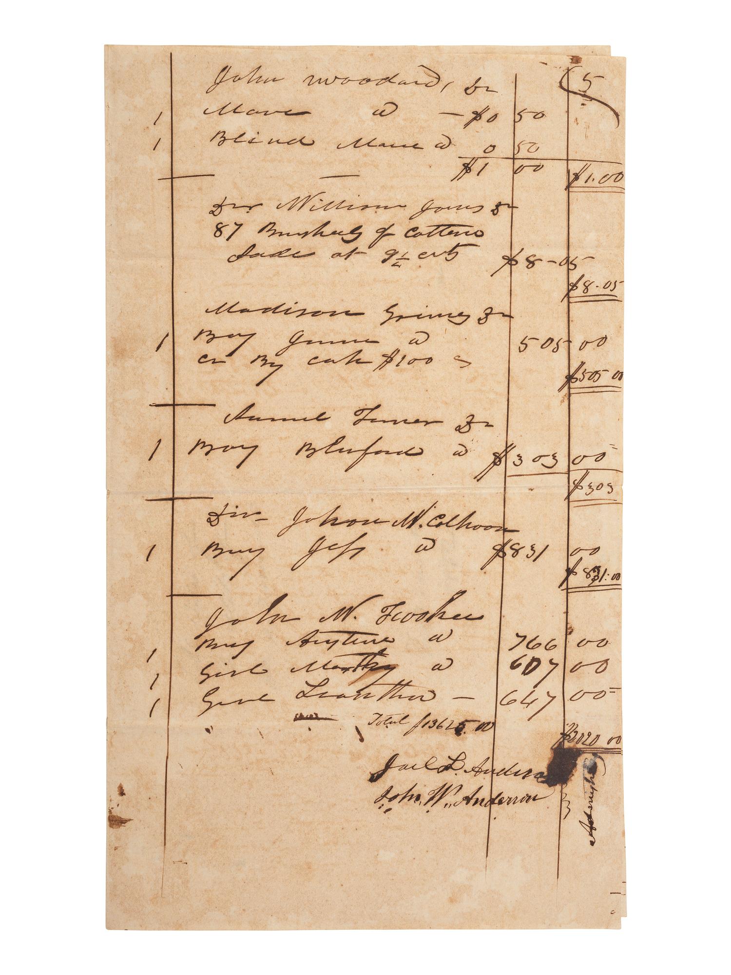 [ENSLAVEMENT & ABOLITION]. Manuscript sale bill from the estate of William Anderson listing six enslaved persons, including male subject named "Anytime." N.p., possibly Virginia, March 1832.