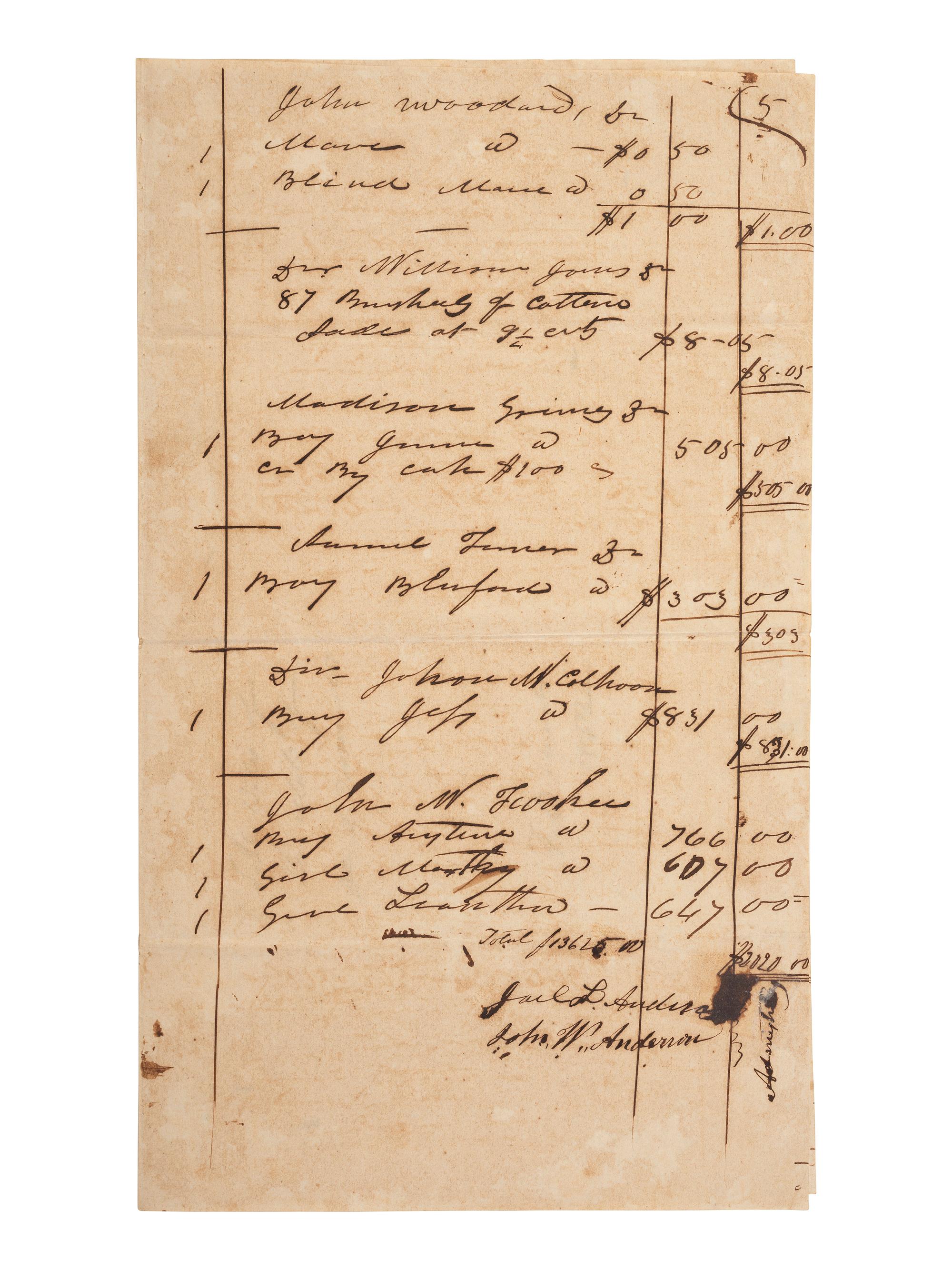 [ENSLAVEMENT & ABOLITION]. Manuscript sale bill from the estate of William Anderson listing six enslaved persons, including male subject named "Anytime." N.p., possibly Virginia, March 1832.