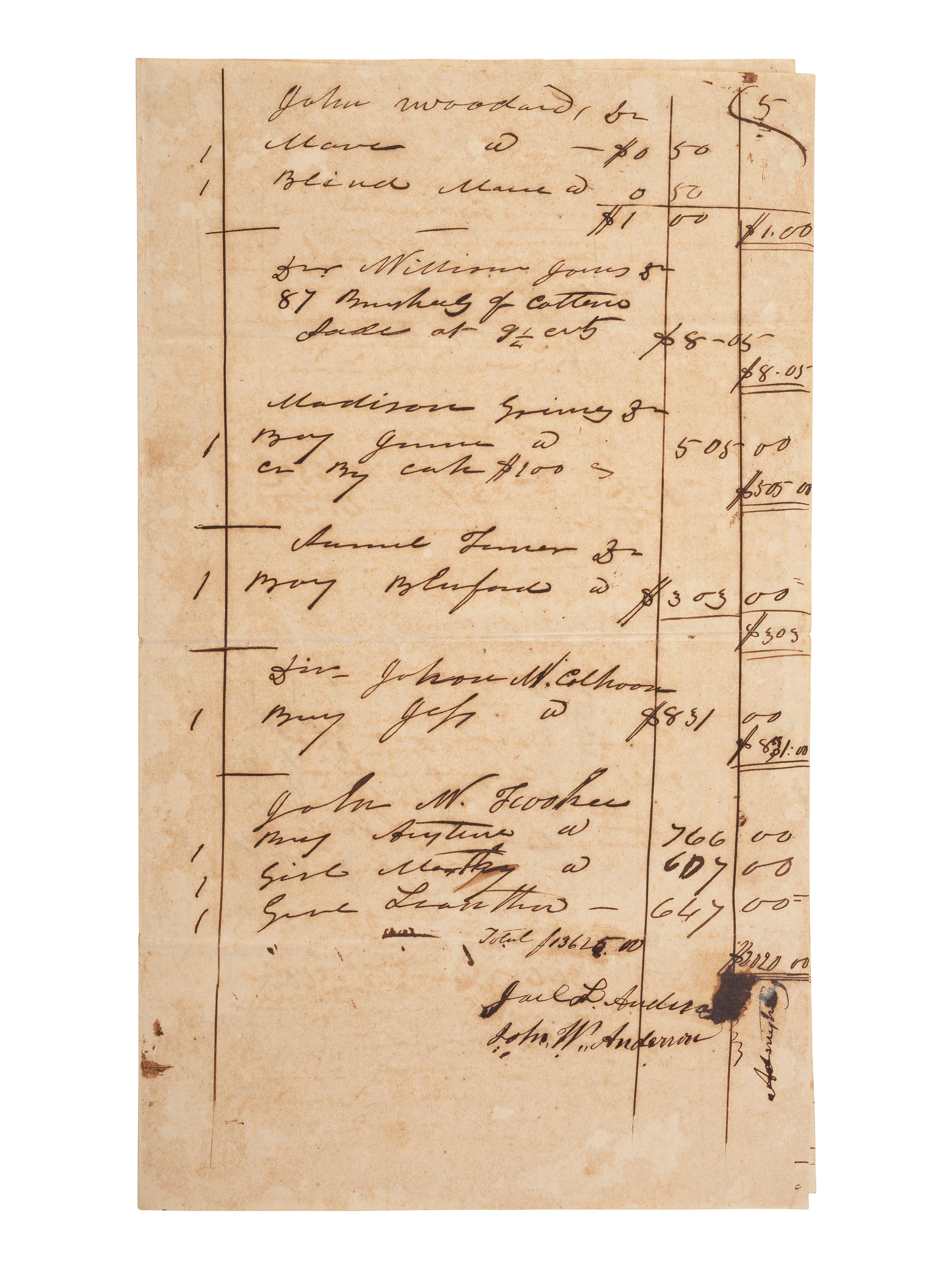 [ENSLAVEMENT & ABOLITION]. Manuscript sale bill from the estate of William Anderson listing six enslaved persons, including male subject named "Anytime." N.p., possibly Virginia, March 1832.