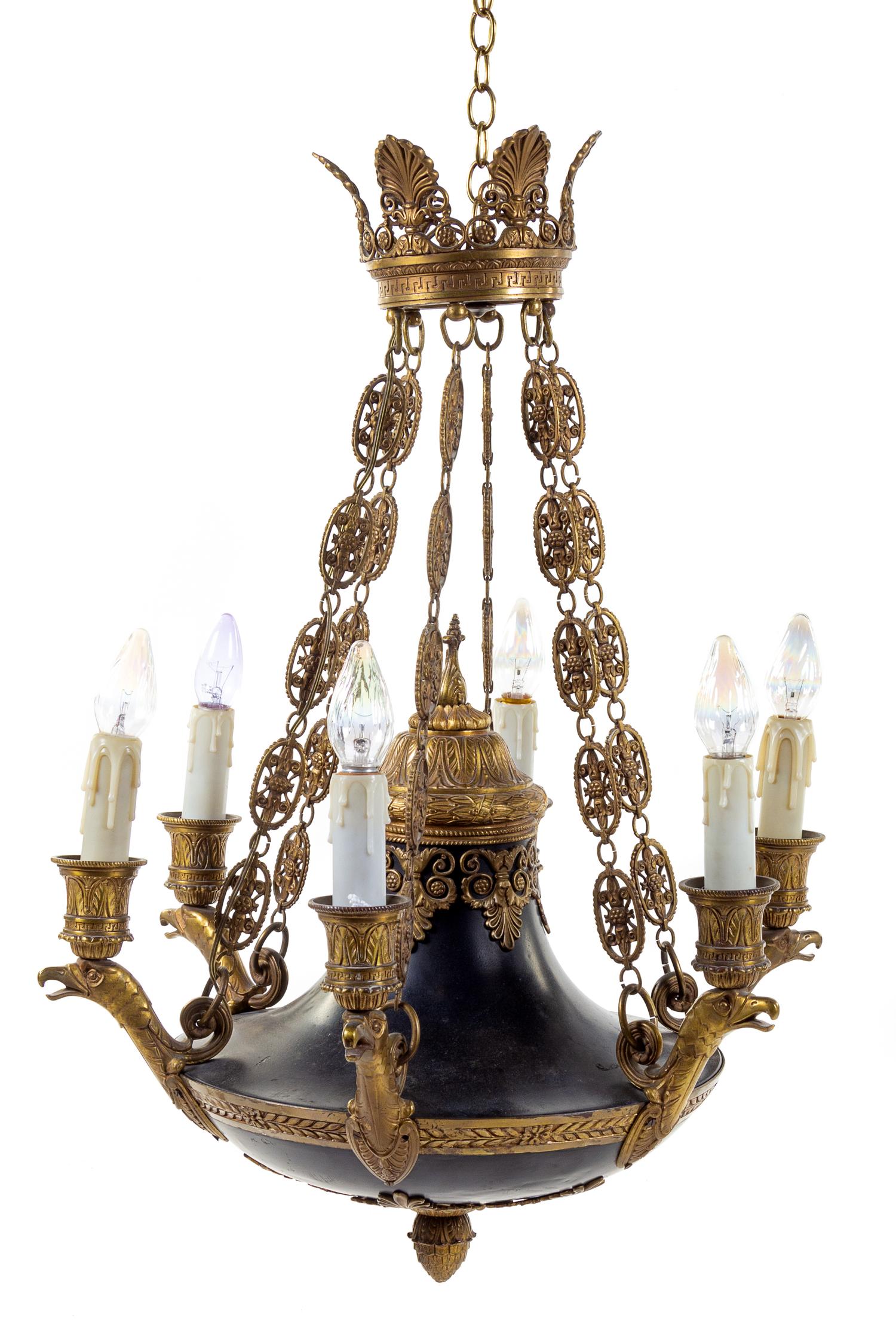 An Empire Style Tole and Gilt Bronze Six-Light Chandelier Height 34 x diameter 26 inches. — 19TH CENTURY