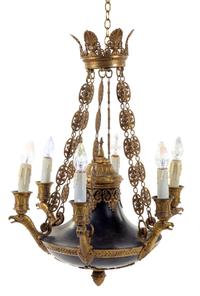An Empire Style Tole and Gilt Bronze Six-Light Chandelier Height 34 x diameter 26 inches. — 19TH CENTURY