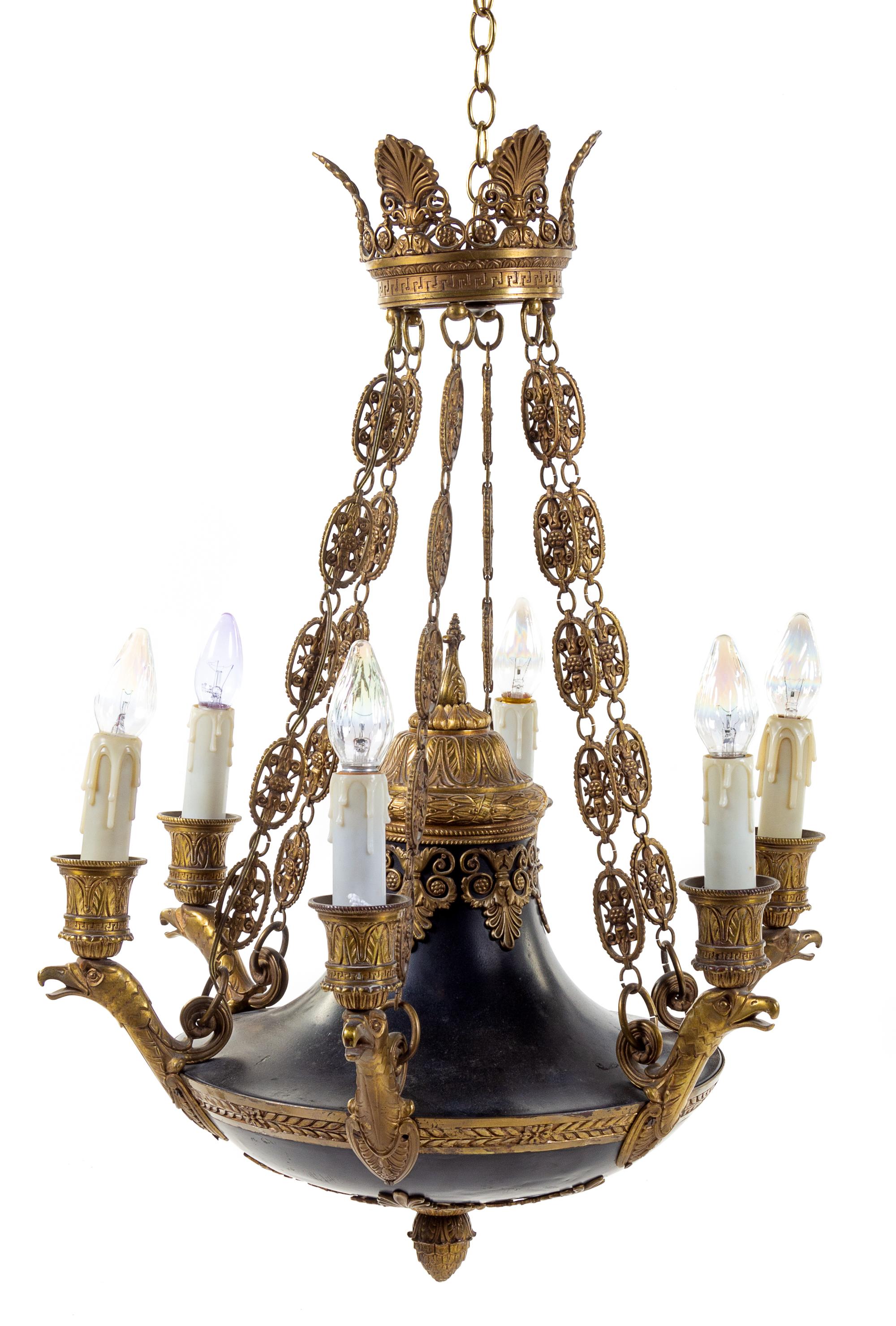 An Empire Style Tole and Gilt Bronze Six-Light Chandelier Height 34 x diameter 26 inches. — 19TH CENTURY