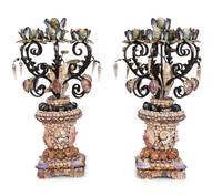 A Pair of Large Grotto Style Wrought Iron Shell Encrusted Seven-Light Candelabras