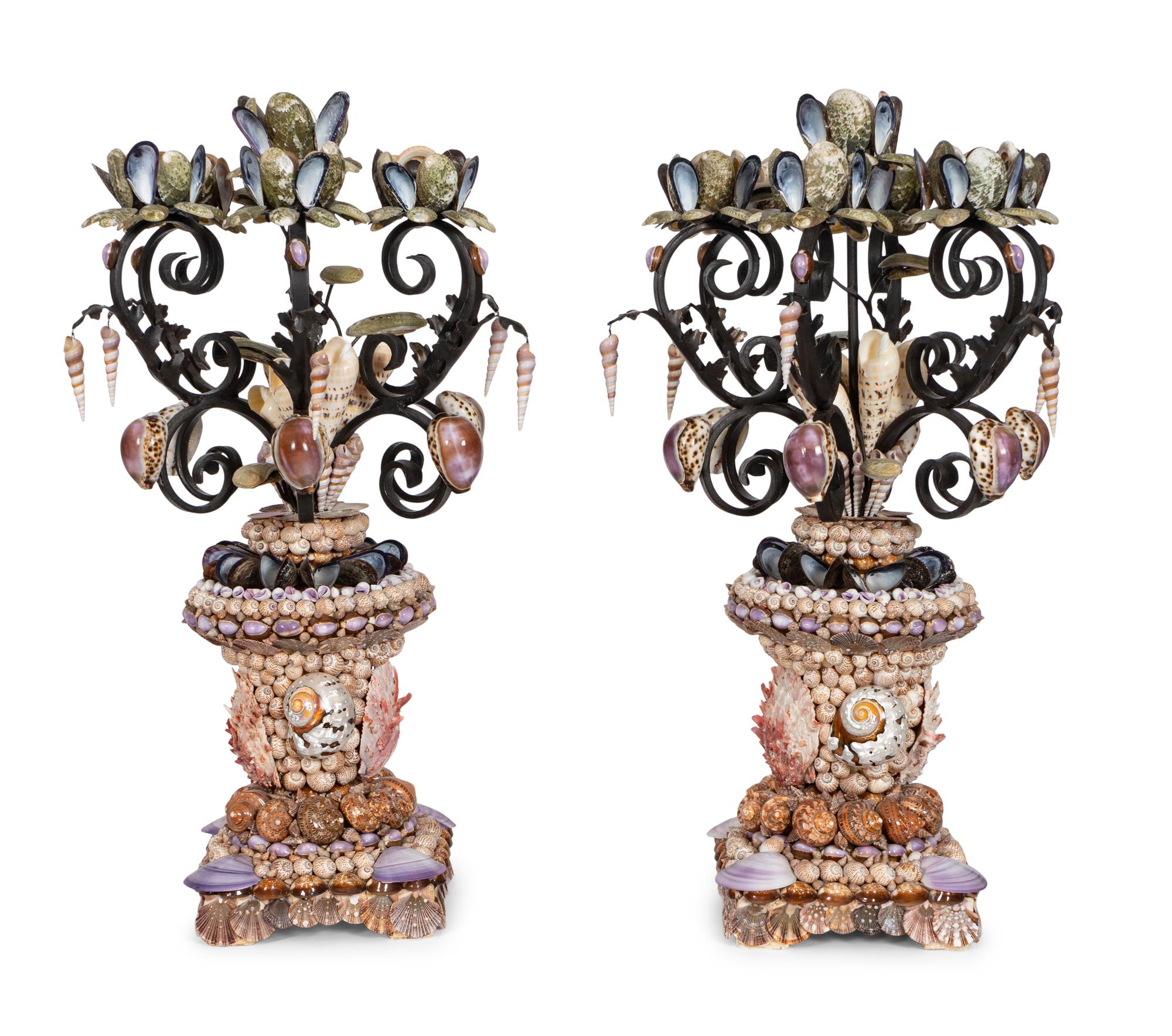 A Pair of Large Grotto Style Wrought Iron Shell Encrusted Seven-Light Candelabras