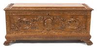 A Jacobean Style Carved Mahogany Cassone Height 22 x width 49 x depth 17 inches. — 20TH CENTURY