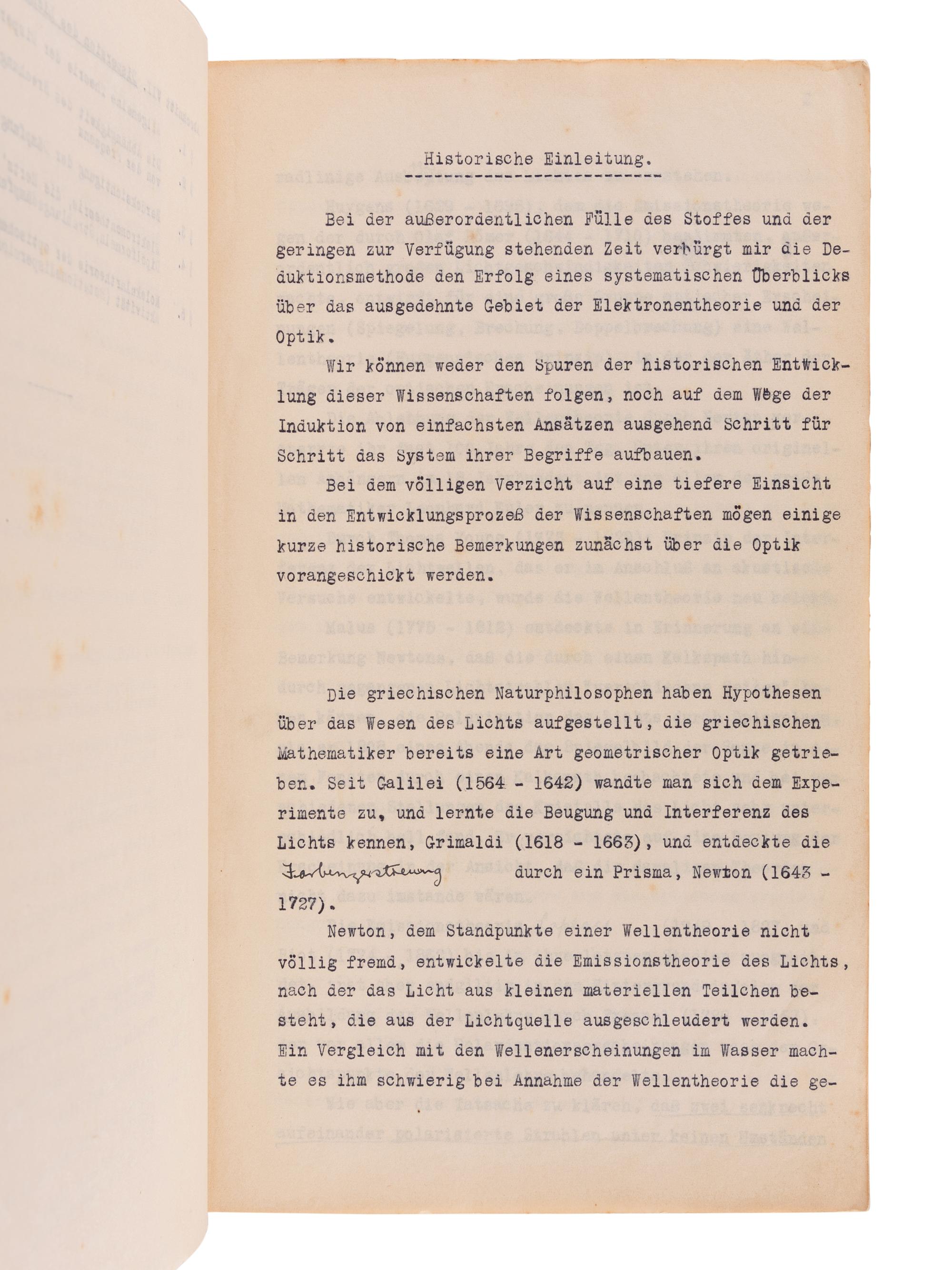 BORN, Max. (1882-1970) Mimeograph typescript, completed in manuscript, of lectures in physics: "Theorie der Wärme Vorlesung im Sommer-Semester 1922." --"Vorlesung Ueber Theoretische Optik. Winter-Semester 1922." University of Göttingen, 1921-1922.