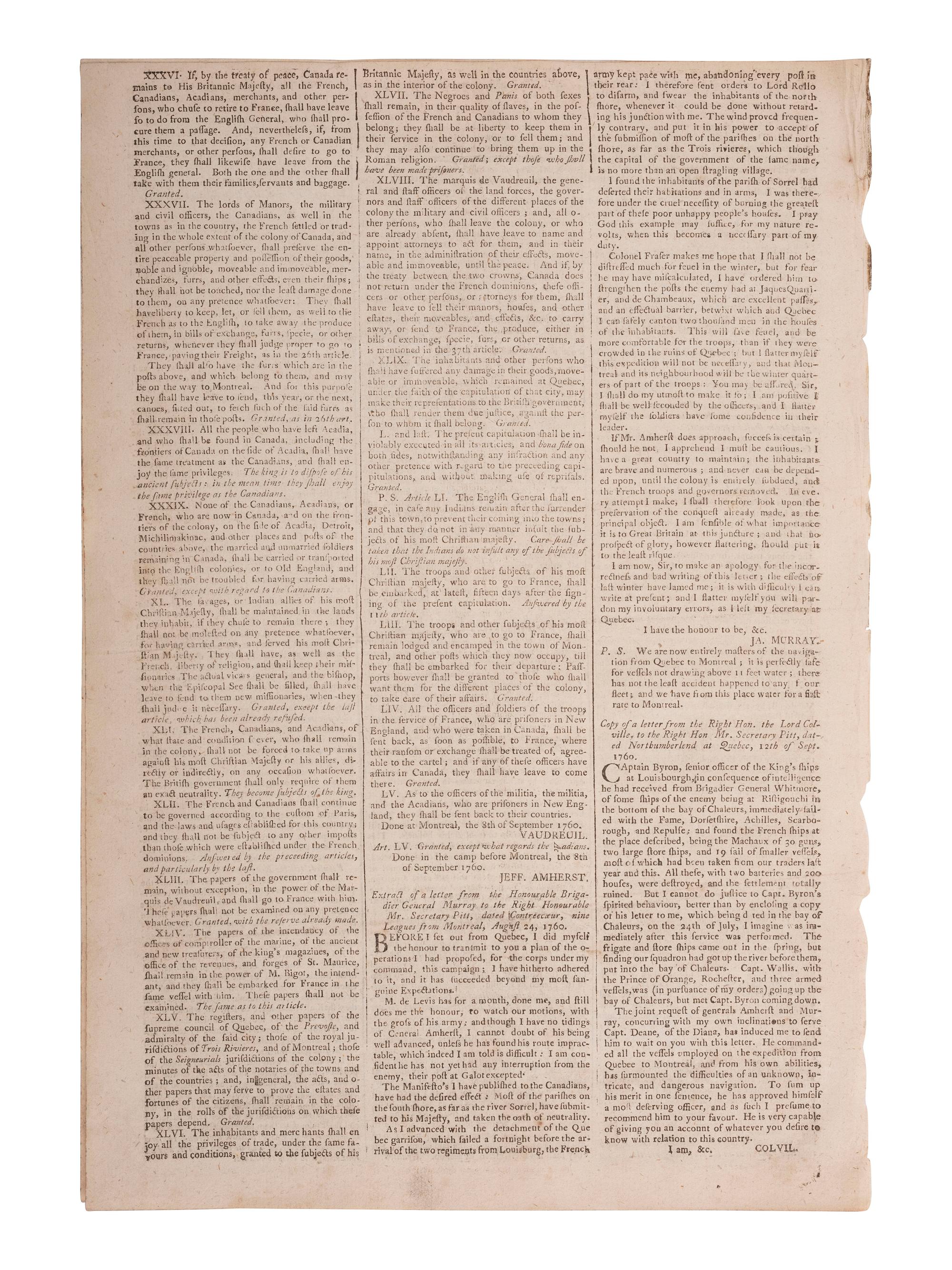 [FRENCH & INDIAN WAR]. Edinburgh Evening Courant. Edinburgh, Scotland: 11 October 1760.