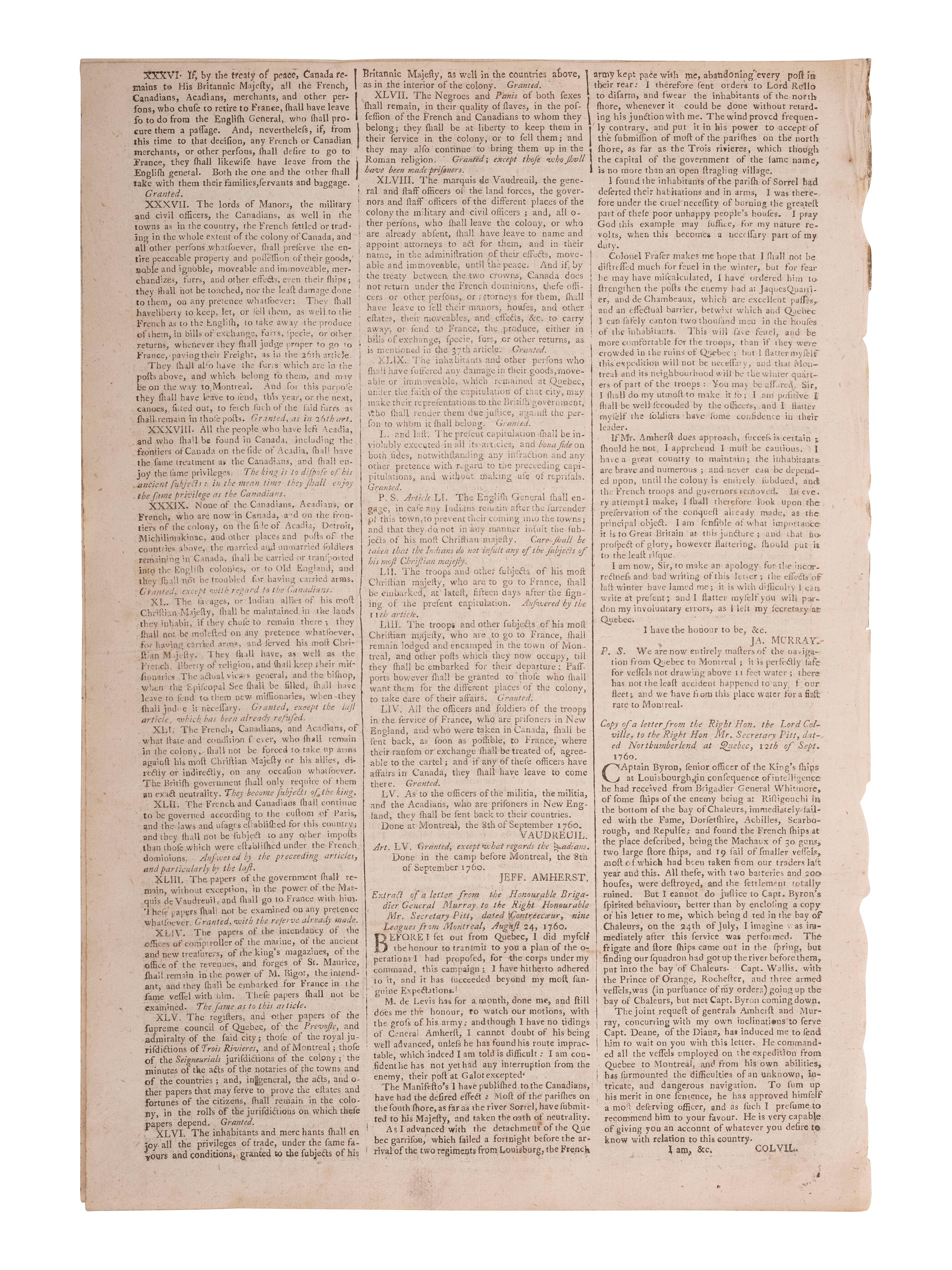 [FRENCH & INDIAN WAR]. Edinburgh Evening Courant. Edinburgh, Scotland: 11 October 1760.