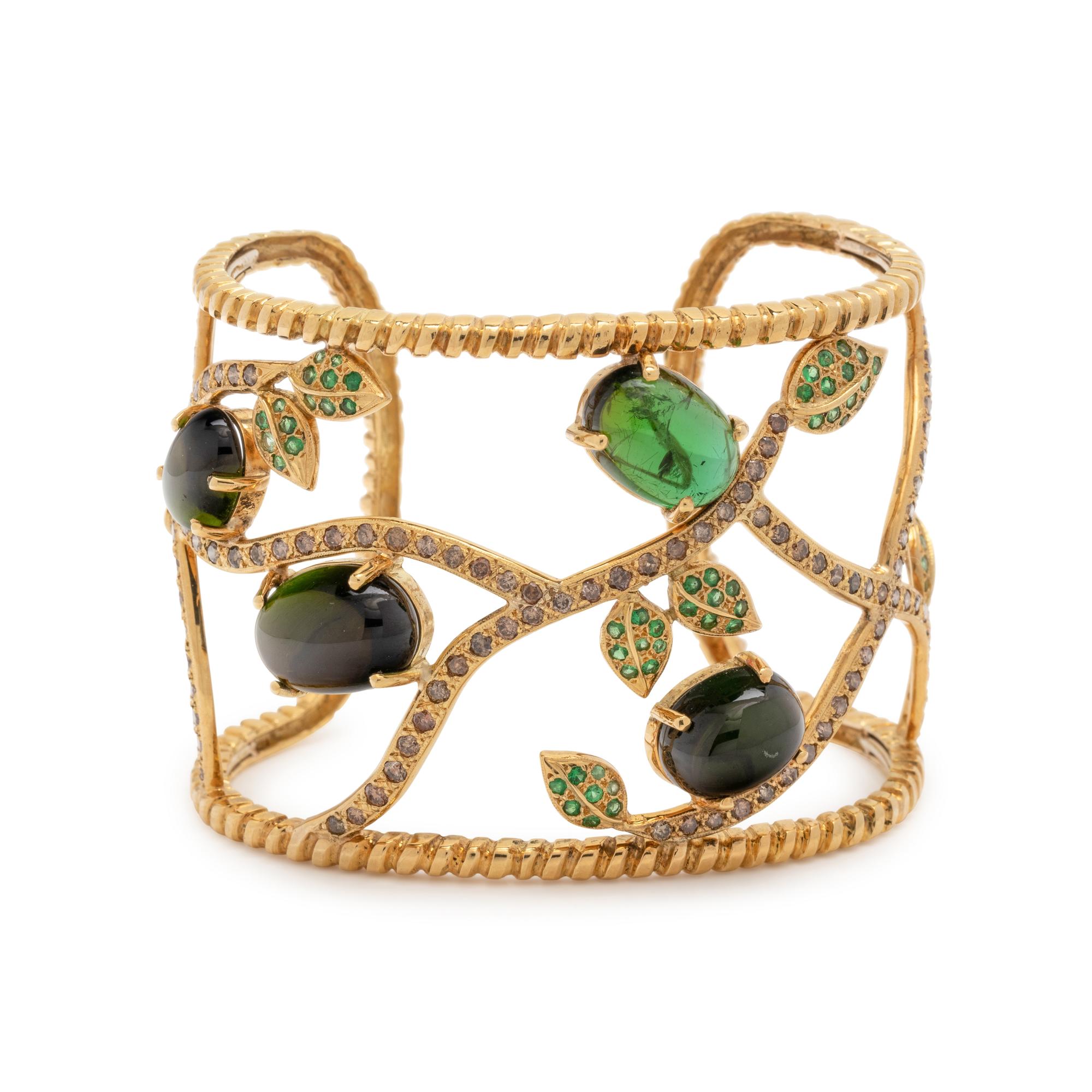 GREEN TOURMALINE, COLORED DIAMOND AND TSAVORITE CUFF BRACELET