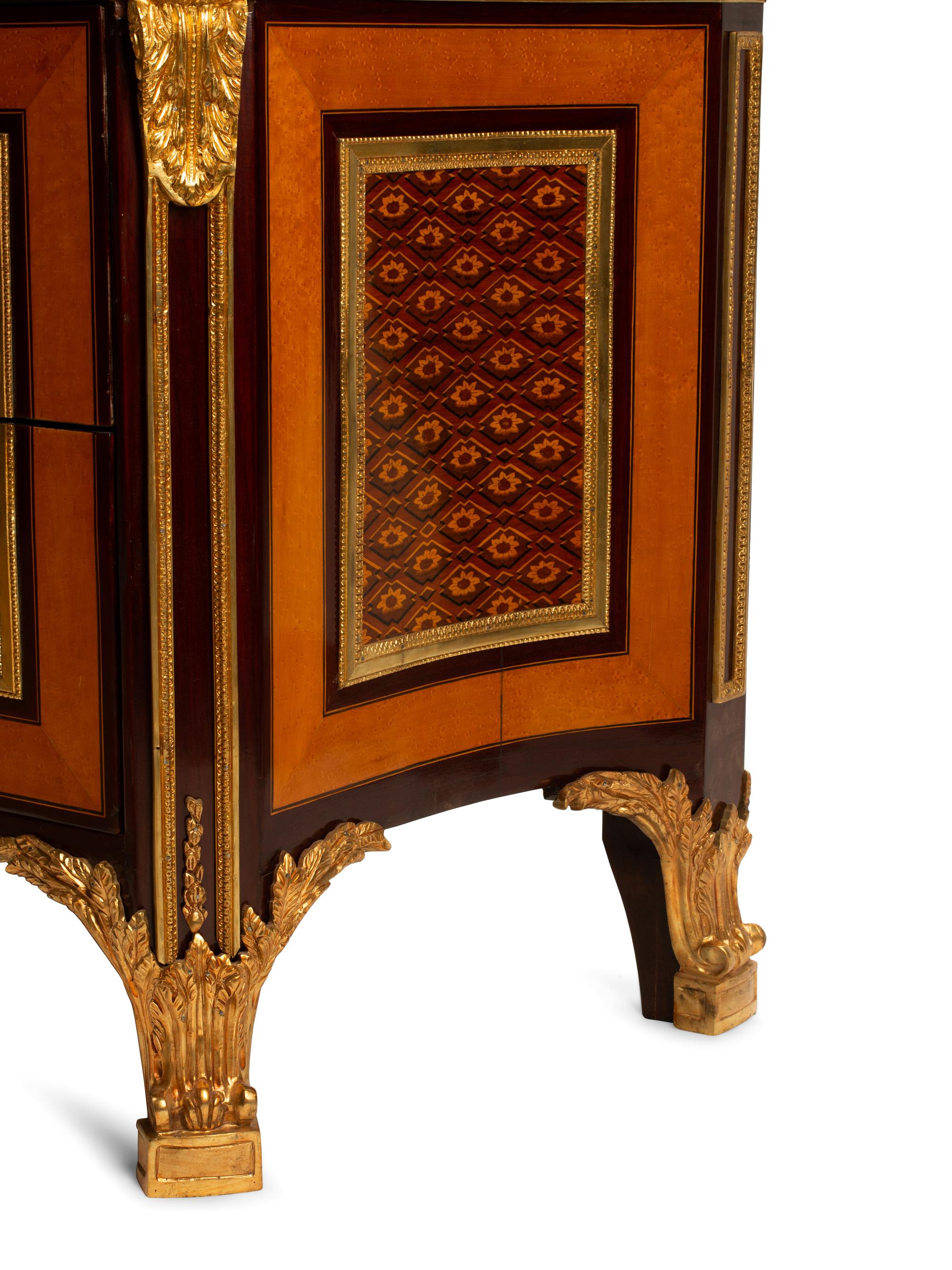 A Regence Style Marquetry Inlaid Gilt Bronze Mounted Marble Top Commode — 19TH CENTURY