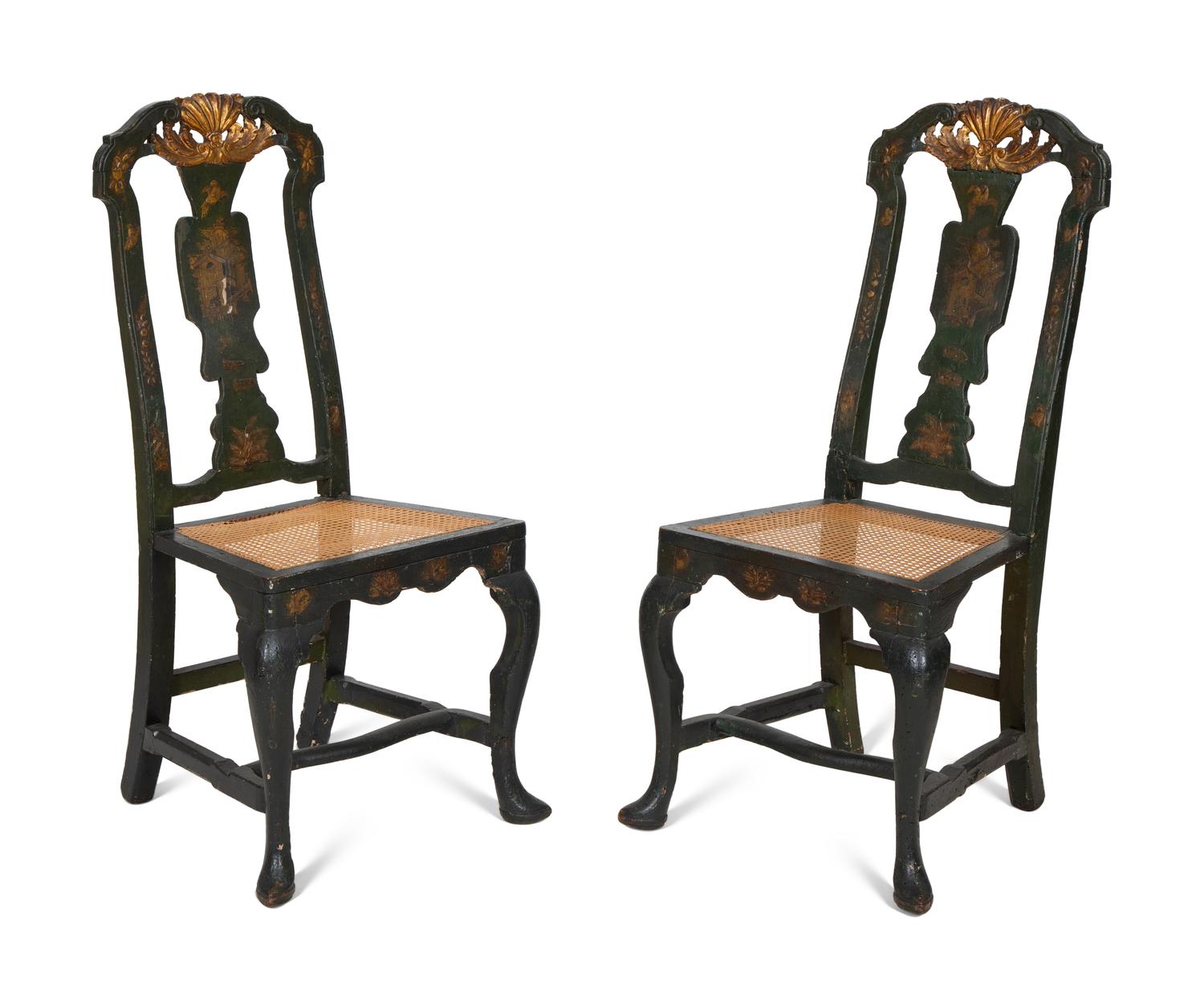 A Pair of North Italian Painted and Parcel Gilt Cane Seat Chairs