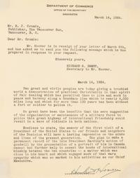 [Presidential] Hoover, Herbert. Typed letter, signed