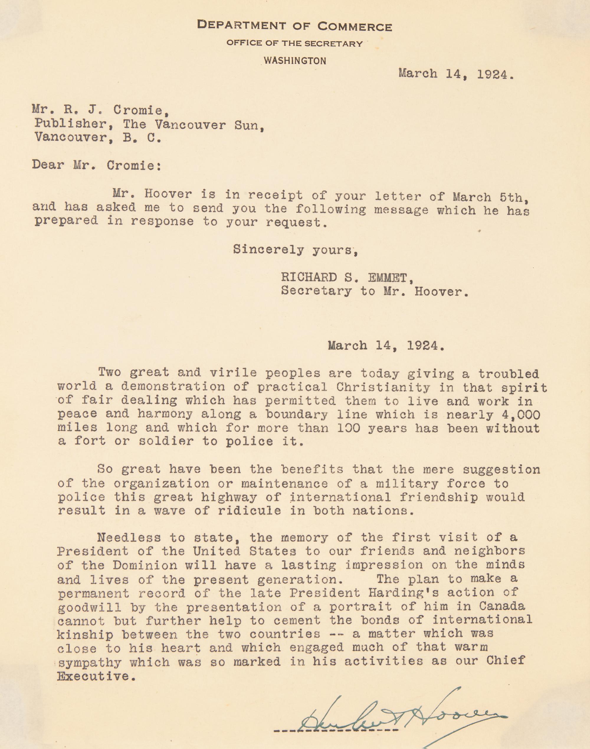 [Presidential] Hoover, Herbert. Typed letter, signed